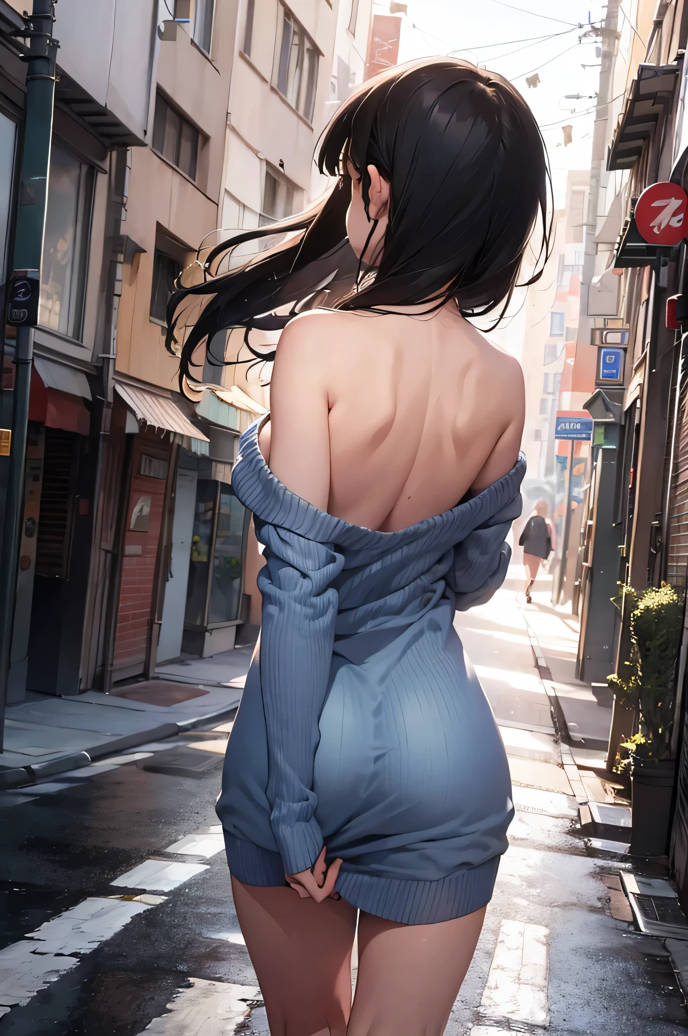 Here you have an 18-year-old girl with long brown hair, completely naked (you can see her back) (you can't see her face). She is crouched, (her back is turned) with her back to the viewer and looking in front of her, her face cannot be seen.