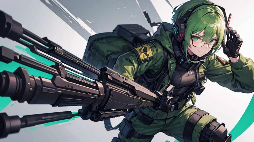 1 person, Tactical Jacket, tactical clothing, green hair, smile, anime, cyber punk, machine gun, Glasses, male, battle, Assault Rifle QBZ, Tactical gear, Rifle in hand, (A soldier takes aim at a giant military robot with a large rifle.), shoot a gun, fierce battle, whole body, skin fang, short hair, Hyperrealism, Realism, motion lines, UHD, ccurate, best quality, 8k, super detail, high details, anatomically correct, masterpiece