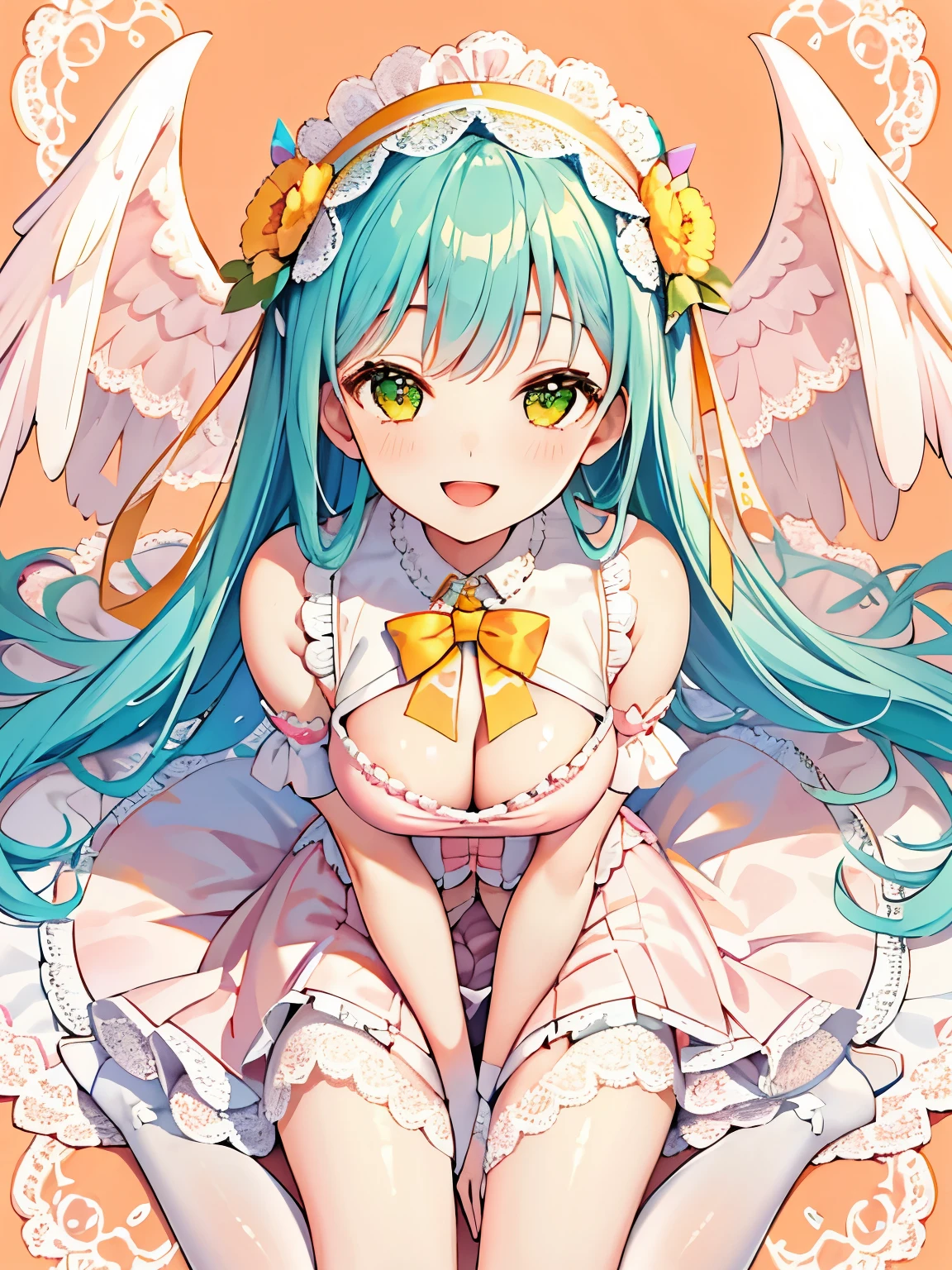 girl,(Angle from above),June bride style outfit,clothes with lots of frills,(legs spread wide),close up of face,((high resolution)),smile,(lace pattern background),(white and pink and blue and yellow and green and orange),(NSFW:1.3)