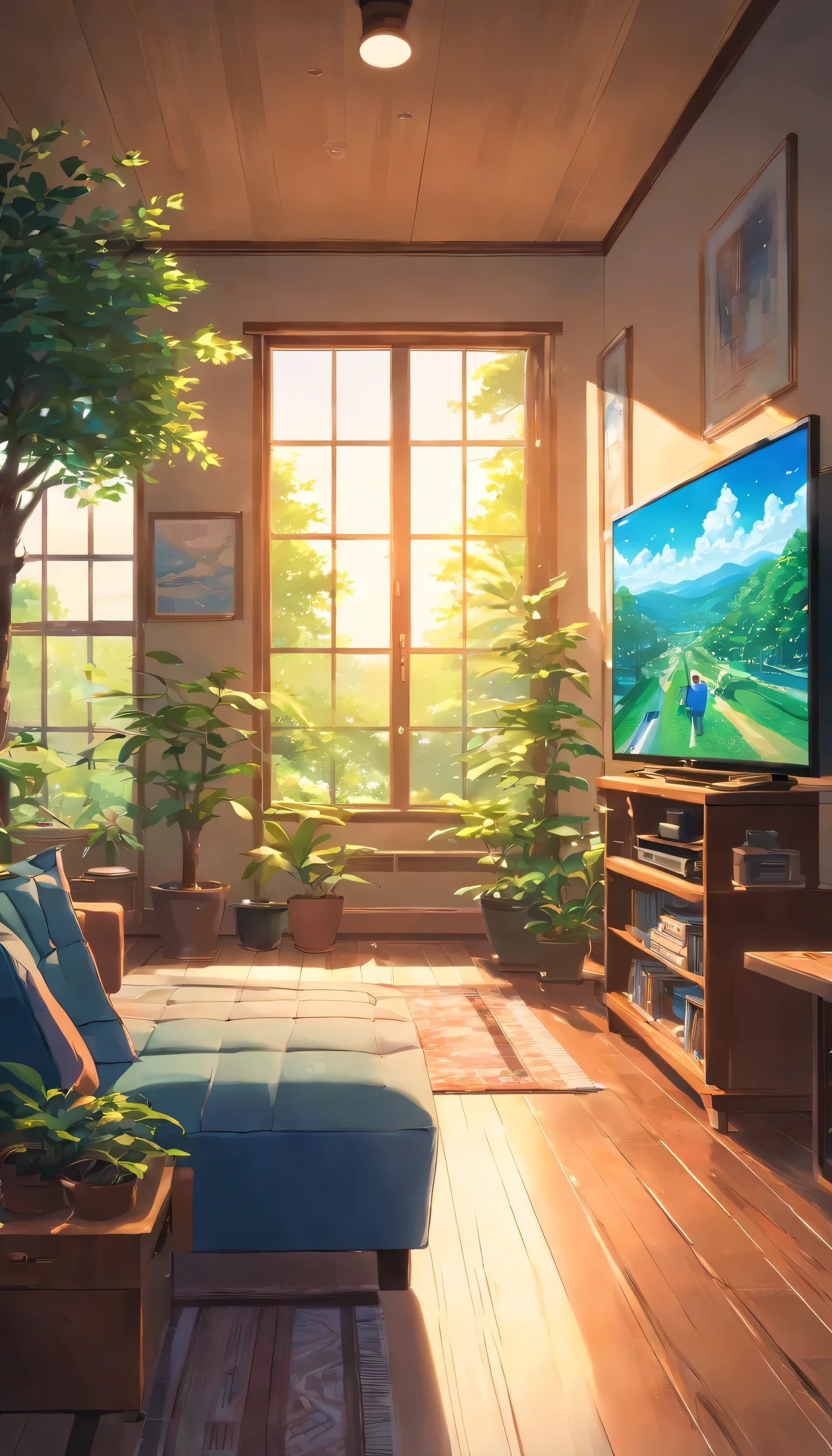 large cozy living room with big tv screen and tree plants