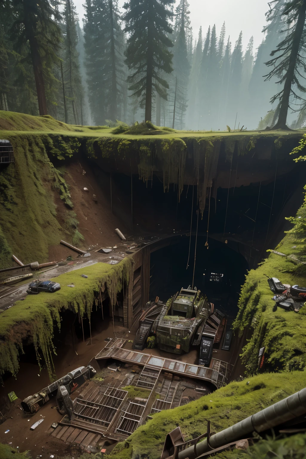 best quality, 32k, RAW photo, incredibly absurdres, extremely detailed, large amount of mecha remains, rust, moss, and sadness abandoned in a huge hole dug in the ground