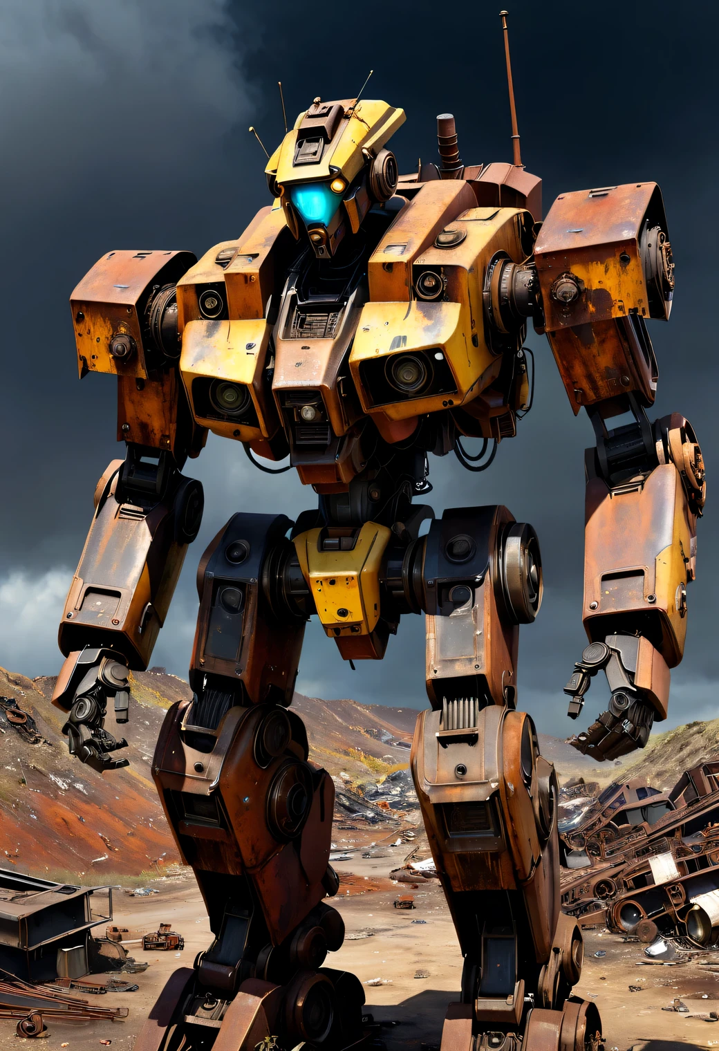 Old humanoid (anthropomorphic) Abandoned Mech red-black-yellow covered with rust and corrosion, old abandoned and rusty humanoid (anthropomorphic) Abandoned Mech thrown into a scrap yard, Surreal sci-fi style, Unreal Engine5, Hyper-realistic sculpture of an humanoid (anthropomorphic) Abandoned Mech, Realistic brush strokes, DAZ 3D, glyphic, made of metal, Rust, abandoned, old, destroyed by time, landfill, scrap metal, Realistic camera shooting, artistic photography, Realistic images, computer graphics, photorealistic high detail, overly detailed art of humanoid (anthropomorphic) Abandoned Mech, humanoid (an Abandoned Mech is covered with rust and corrosion, ultra-detailed, photorealism, Ultra-realistic drawing of details, Stunningly realistic graphics, Very detailed photo, hyper-realistic render, photorealistic render, Highly realistic photography, dump