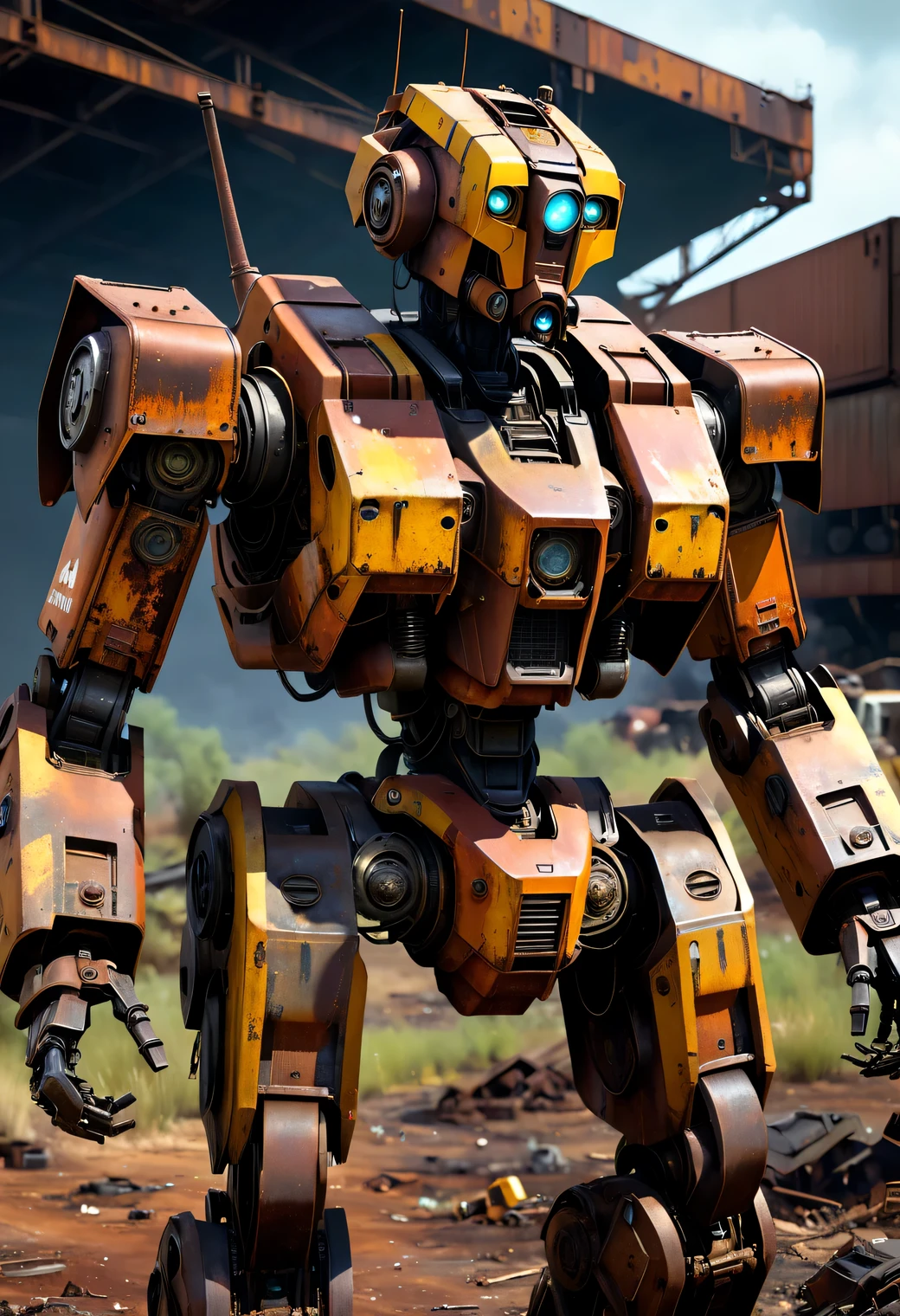 Old Wheeled Abandoned Mech is covered with rust and corrosion., old Wheeled Abandoned Mech, old abandoned and rusty Wheeled Abandoned Mech thrown into a scrap yard, Surreal sci-fi style, Unreal Engine5, Hyper-realistic sculpture of an Abandoned Mech, Realistic brush strokes, DAZ 3D, Glyphic, made of metal, Rust, Abandoned, old, destroyed by time, landfill, scrap metal, Realistic camera shooting, artistic photography, Realistic images, computer graphics, photorealistic high detail, overly detailed art of Wheeled Abandoned Mech, wheeled Abandoned Mech covered with rust and corrosion, ultra-detailed, photorealism, Ultra-realistic drawing of details, Stunningly realistic graphics, Very detailed photo, hyperrealistic render, photorealistic rendering, Highly realistic photography, landfill