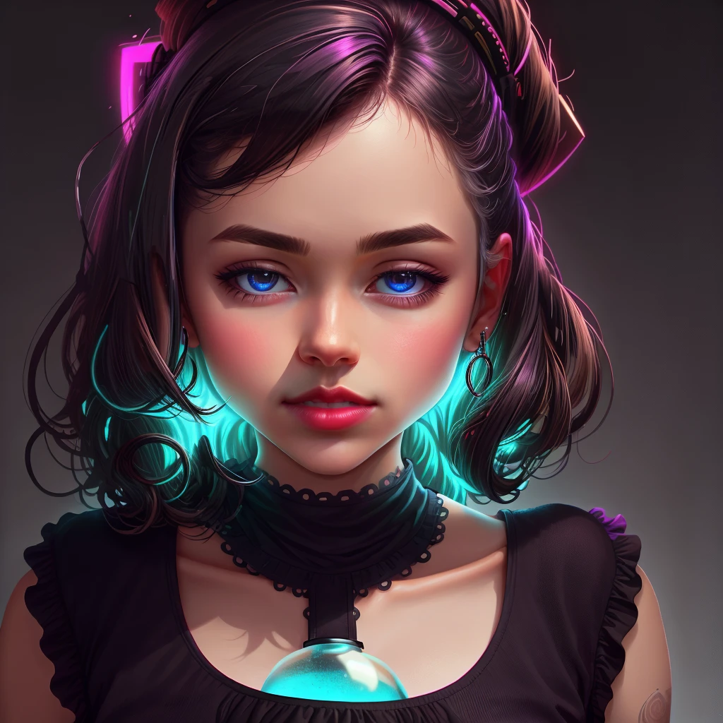 close-up beautiful young punk rock woman very detailed and sharp, round bubble of gum in her mouth, in color, retro neon synth wave with letters, illuminating the face and body with magenta neon lights subtly, black background, very detailed, 32k , sharp focus, masterpiece