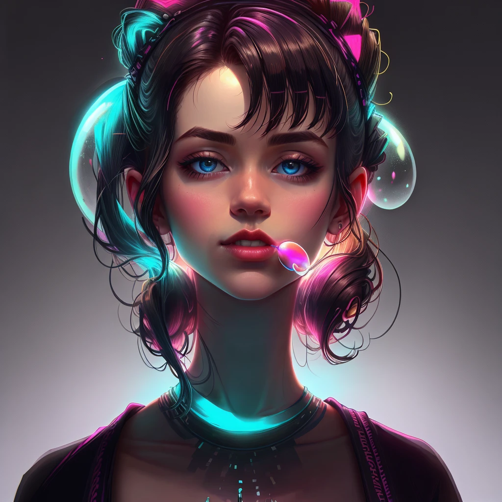 close-up beautiful young punk rock woman very detailed and sharp, round bubble of gum in her mouth, in color, retro neon synth wave with letters, illuminating the face and body with magenta neon lights subtly, black background, very detailed, 32k , sharp focus, masterpiece