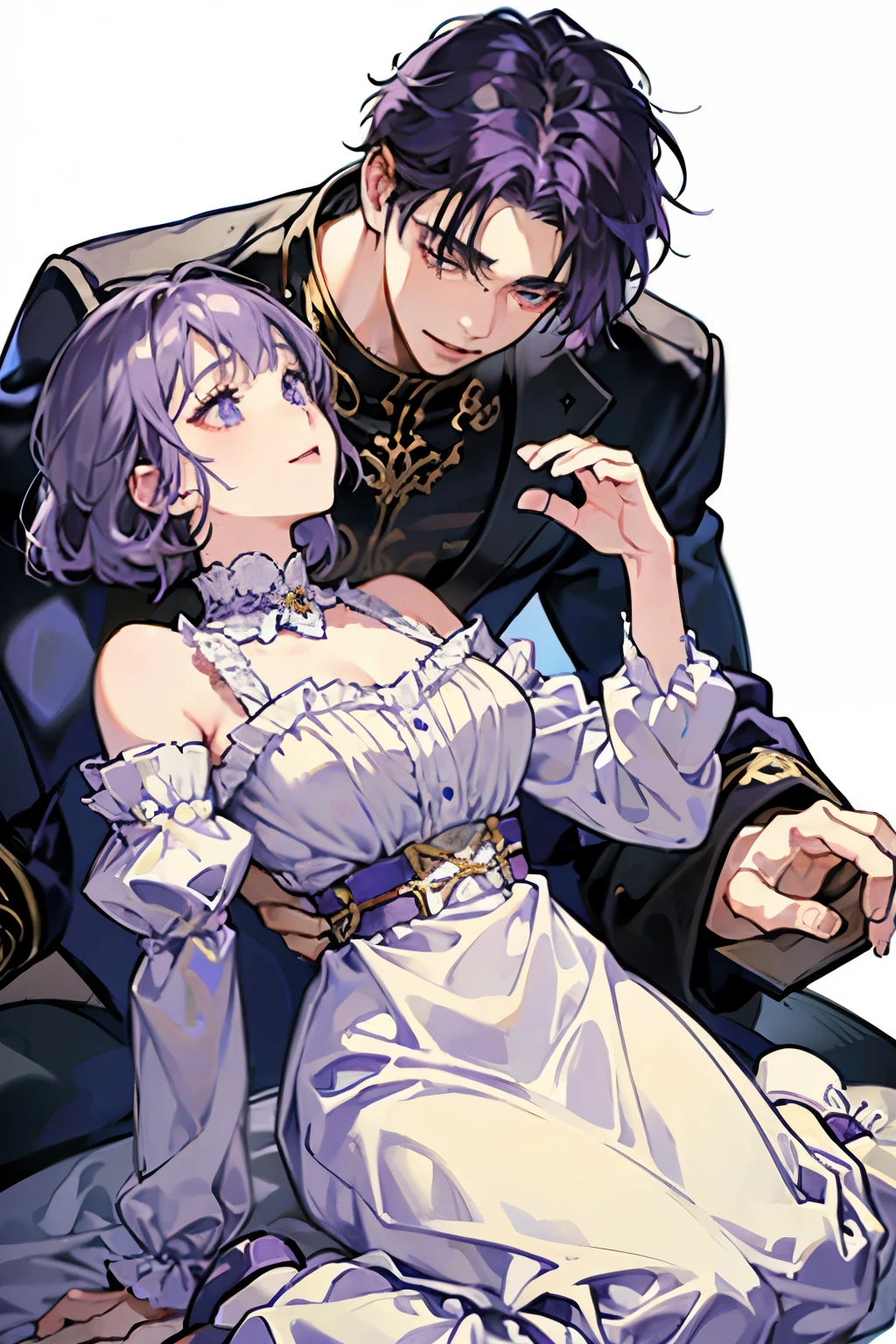 white background、((Man with purple hair))、droppy eyes、blue eyeole on face、man in white shirt、Short-haired man、Handsome guy、chest、center parting man、black slacks、smile、16 year old male、adult woman、woman in a black dress、long hair girl、men and women dancing the waltz、man and woman hugging each other、brown hair girl、beautiful boy、girl with bangs