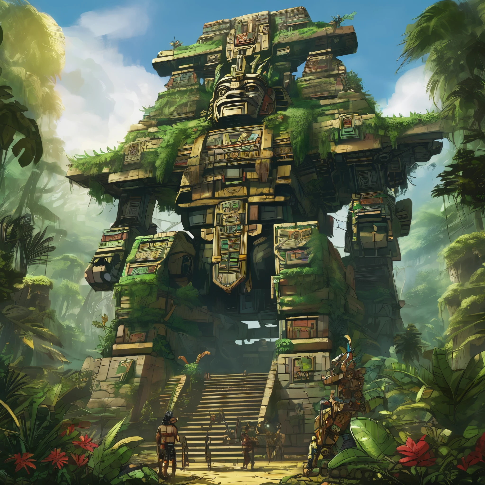A giant mecha of an Aztec god is part of a massive pyramid. The jungle has over taken the scene, figs and vines cover everything.