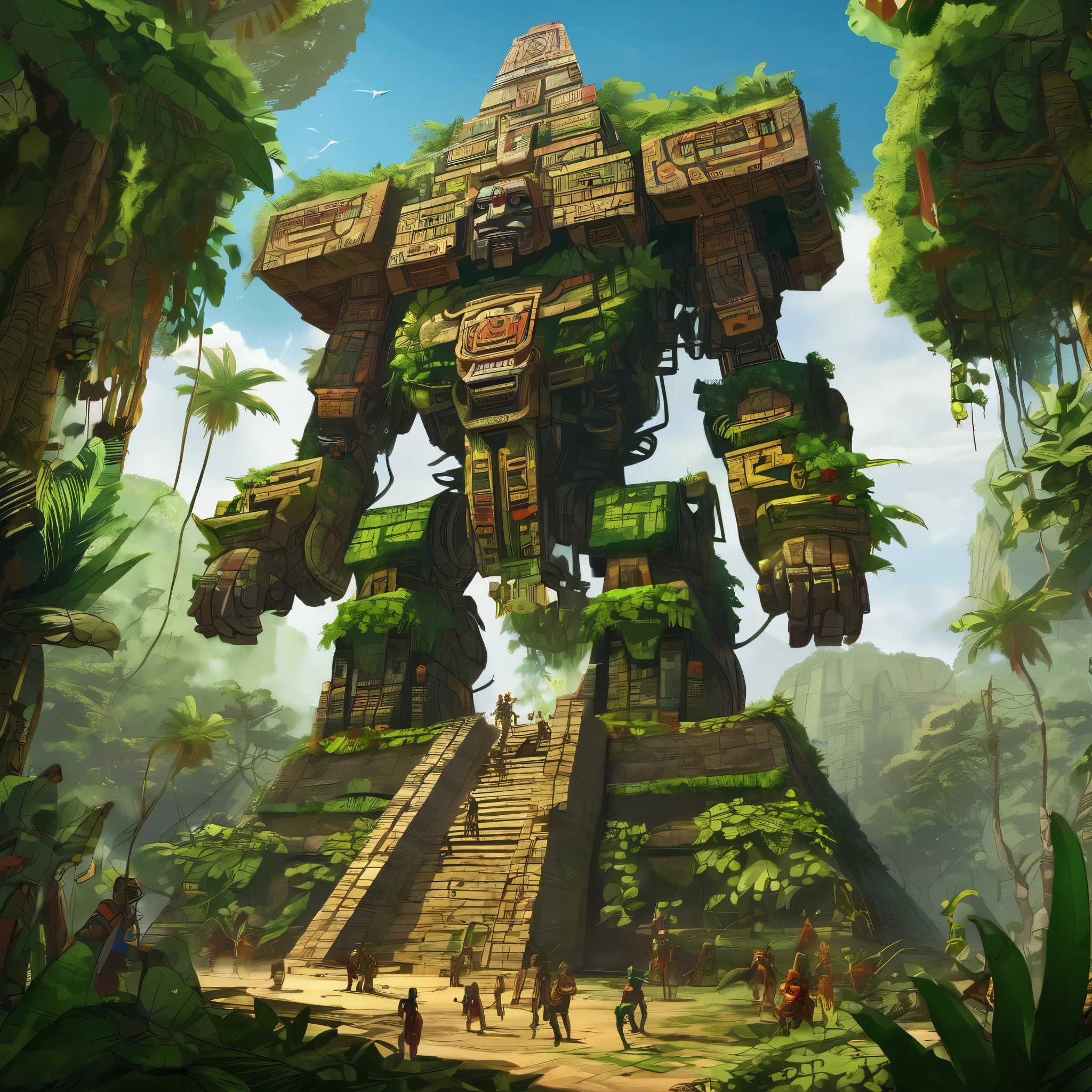 A giant mecha of an Aztec god is part of a massive pyramid. The jungle has over taken the scene, figs and vines cover everything.