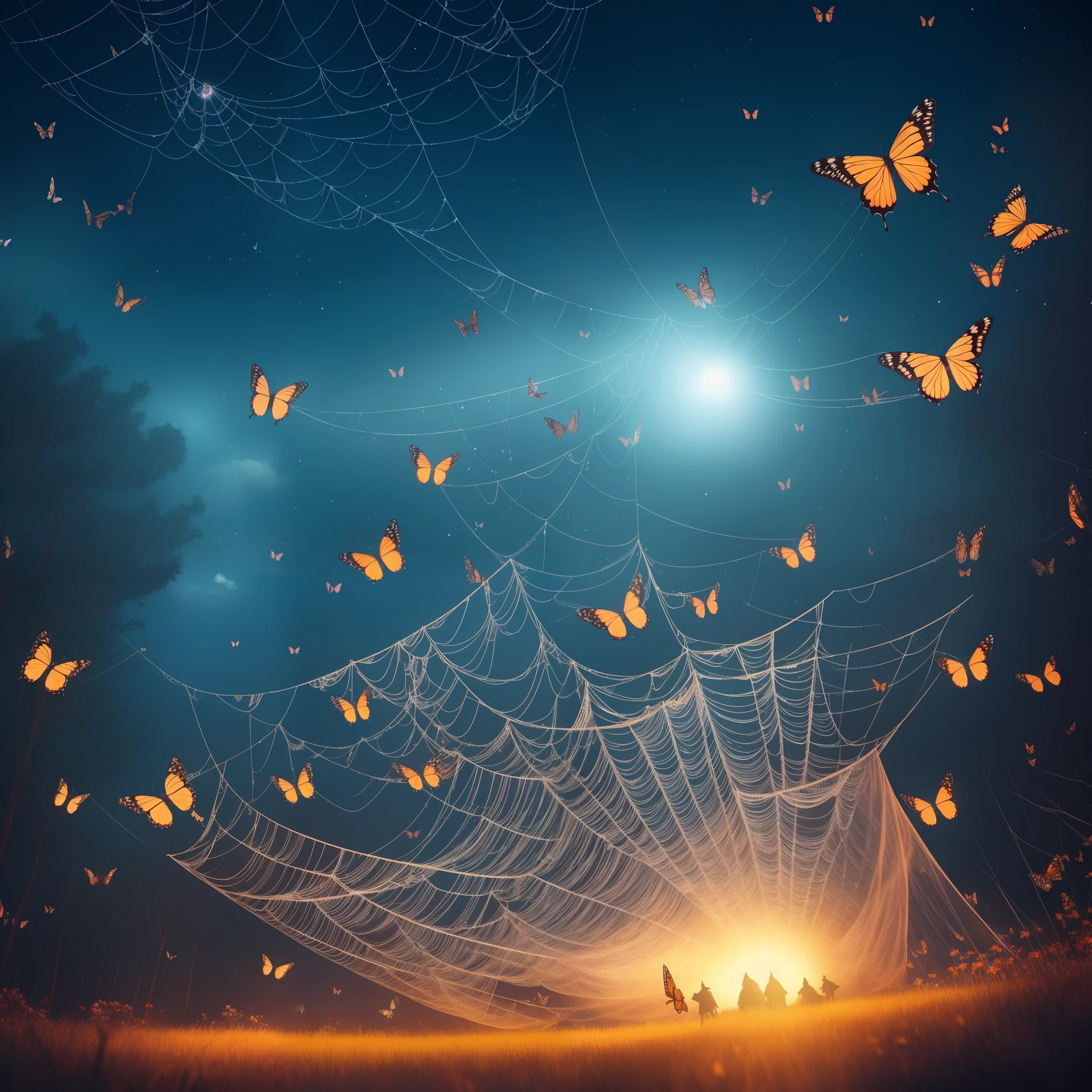 butterflies are flying around a spider web in the dark, digital art by Mike Winkelmann, trending on cgsociety, conceptual art, 🌺 cgsociety, glowing butterflies, butterflies and sunrays, beautiful gorgeous digital art, full of glass. cgsociety, fairy cgsociety, butterfly lighting, very beautiful digital art, butterfly, beautiful digital art, beautiful!!! digital art