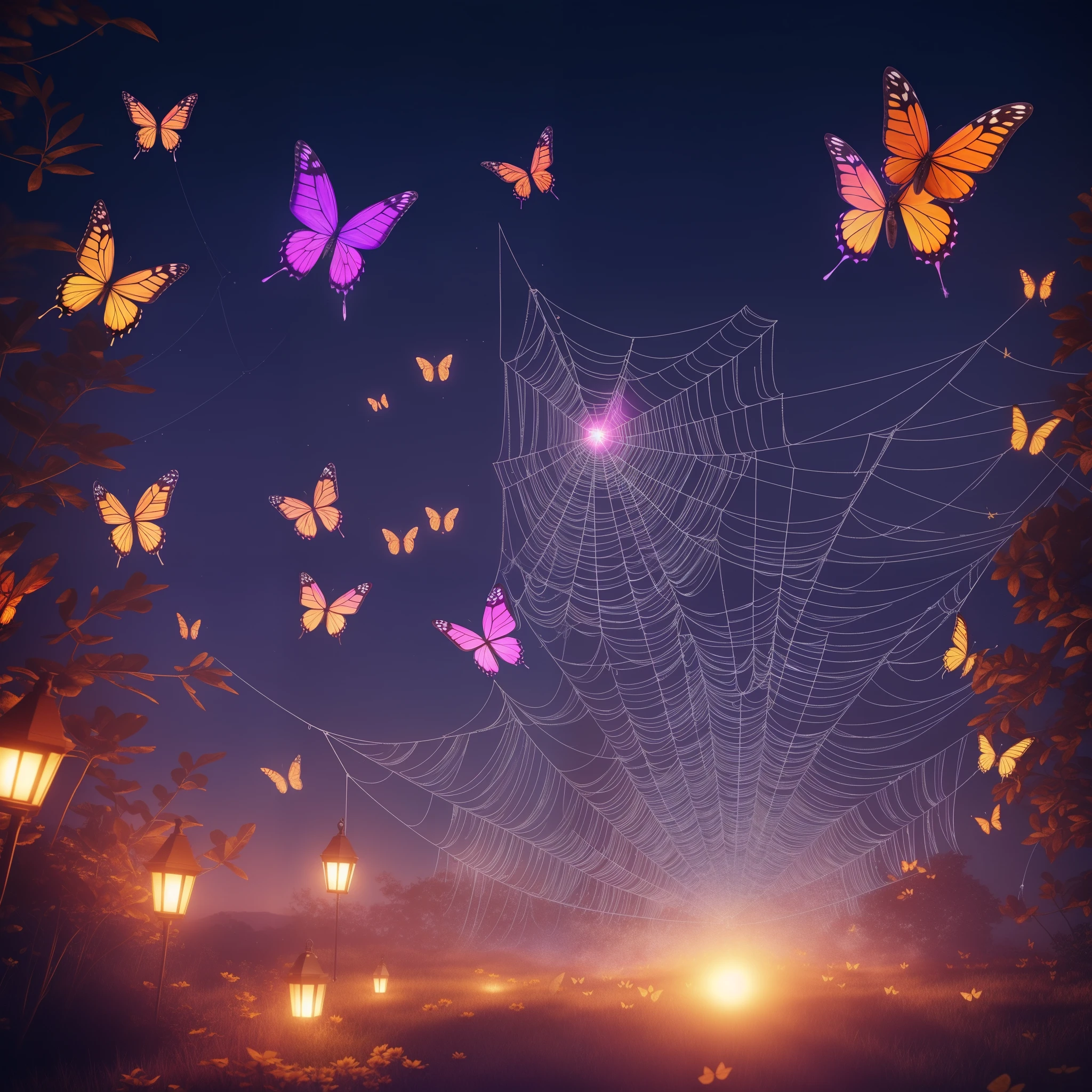 butterflies are flying around a spider web in the dark, digital art by Mike Winkelmann, trending on cgsociety, conceptual art, 🌺 cgsociety, glowing butterflies, butterflies and sunrays, beautiful gorgeous digital art, full of glass. cgsociety, fairy cgsociety, butterfly lighting, very beautiful digital art, butterfly, beautiful digital art, beautiful!!! digital art