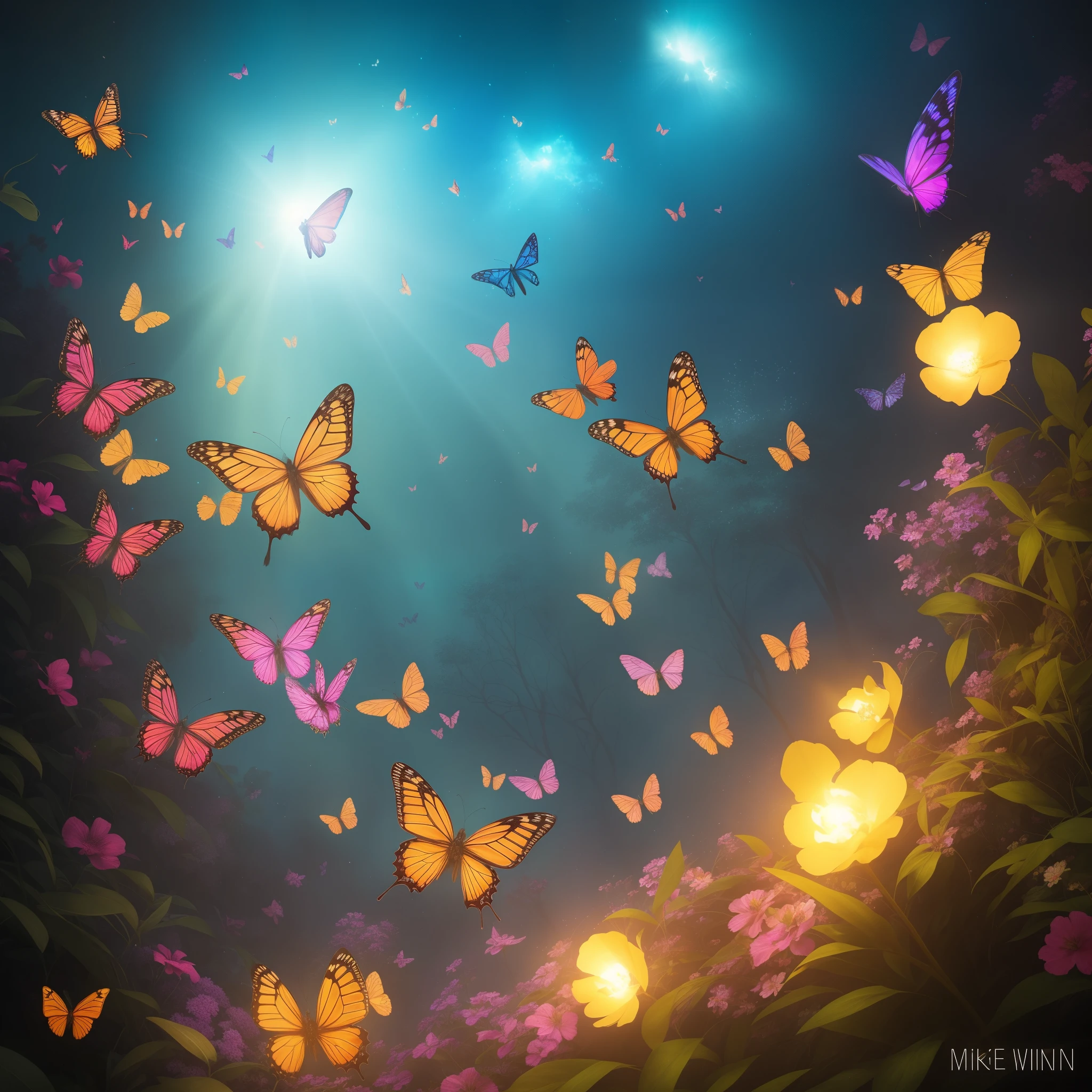 butterflies are flying around a spider web in the dark, 🌺 cgsociety, glowing butterflies, butterflies and sunrays, by Mike Winkelmann, beautiful gorgeous digital art, by Marie Bashkirtseff, full of glass. cgsociety, fairy cgsociety, butterfly lighting, by Cyril Rolando, very beautiful digital art, butterfly, beautiful digital art, beautiful!!! digital art