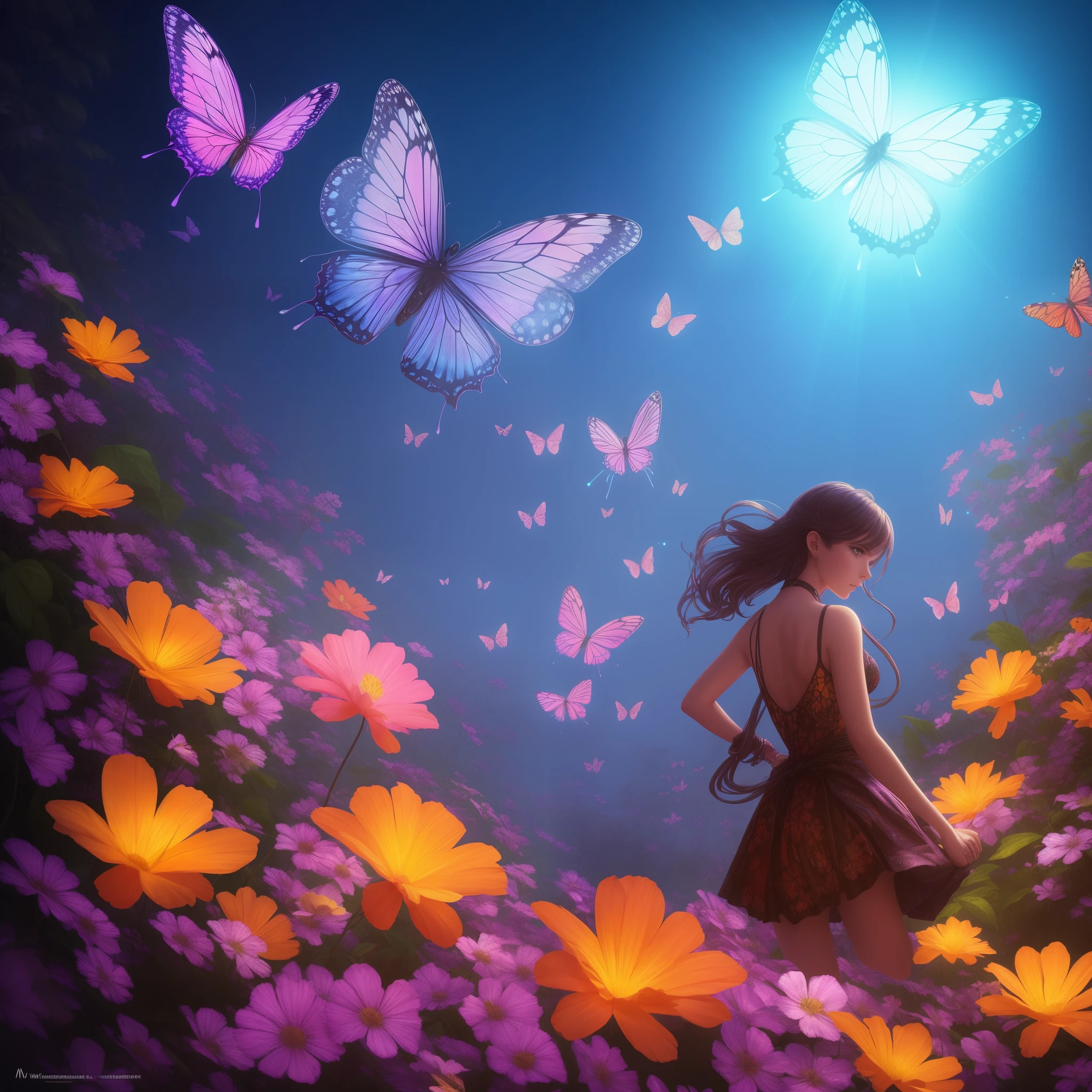 butterflies are flying around a spider web in the dark, 🌺 cgsociety, glowing butterflies, butterflies and sunrays, by Mike Winkelmann, beautiful gorgeous digital art, by Marie Bashkirtseff, full of glass. cgsociety, fairy cgsociety, butterfly lighting, by Cyril Rolando, very beautiful digital art, butterfly, beautiful digital art, beautiful!!! digital art