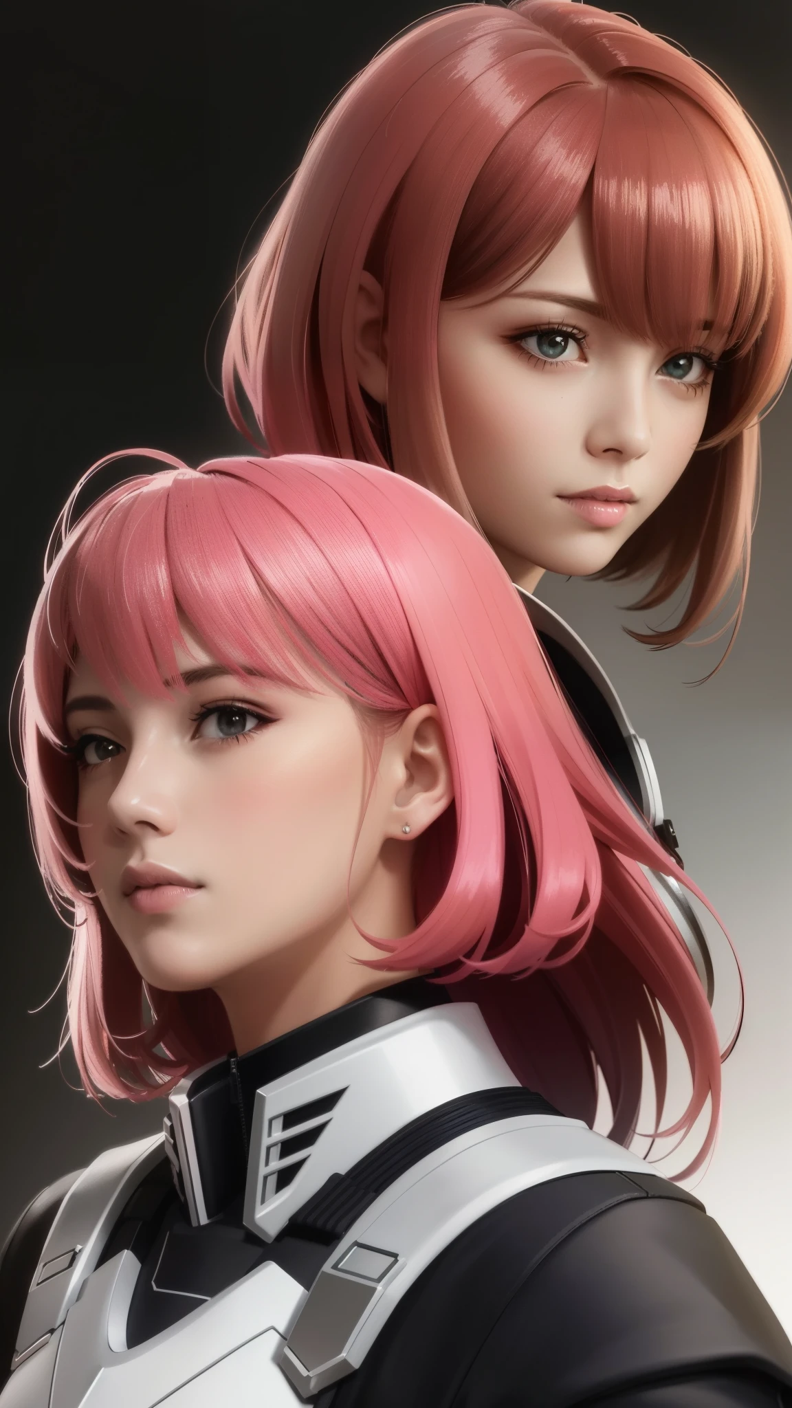 Close-up of two women with pink hair and red jackets, anime realism style, unreal 5. RPG portrait, cgsociety portrait, realistic art style, Smooth anime CG art, Photorealistic anime girl rendering, Realistic anime 3d style, loss draw 1. 0, realistic 3d animation, art germ ; 3d unreal engine, realistic anime art style,The background is space,