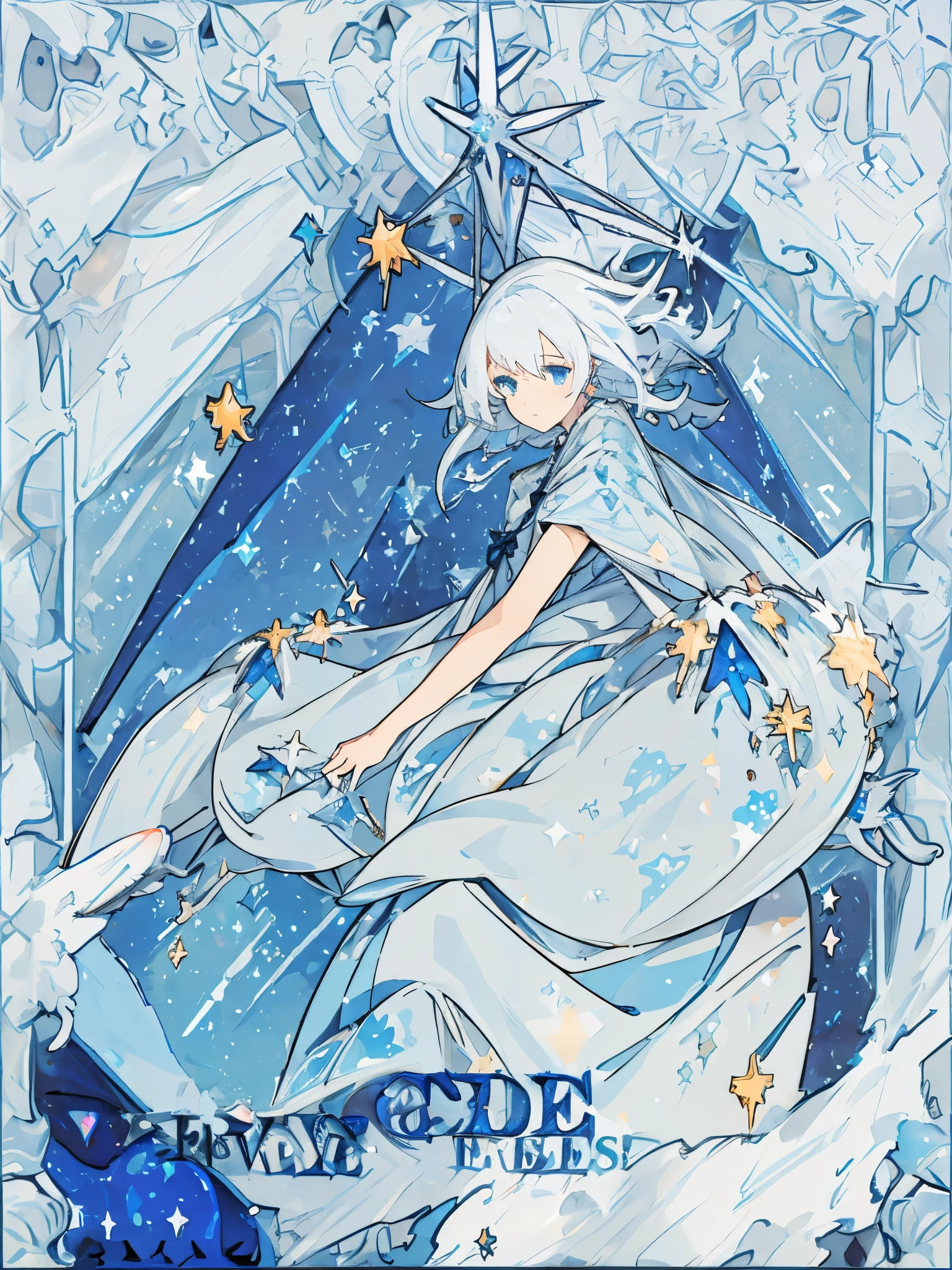 Female, white hair, blue eyes, dark dress tone, galaxy, crab, sky, stars, zodiac cancer.