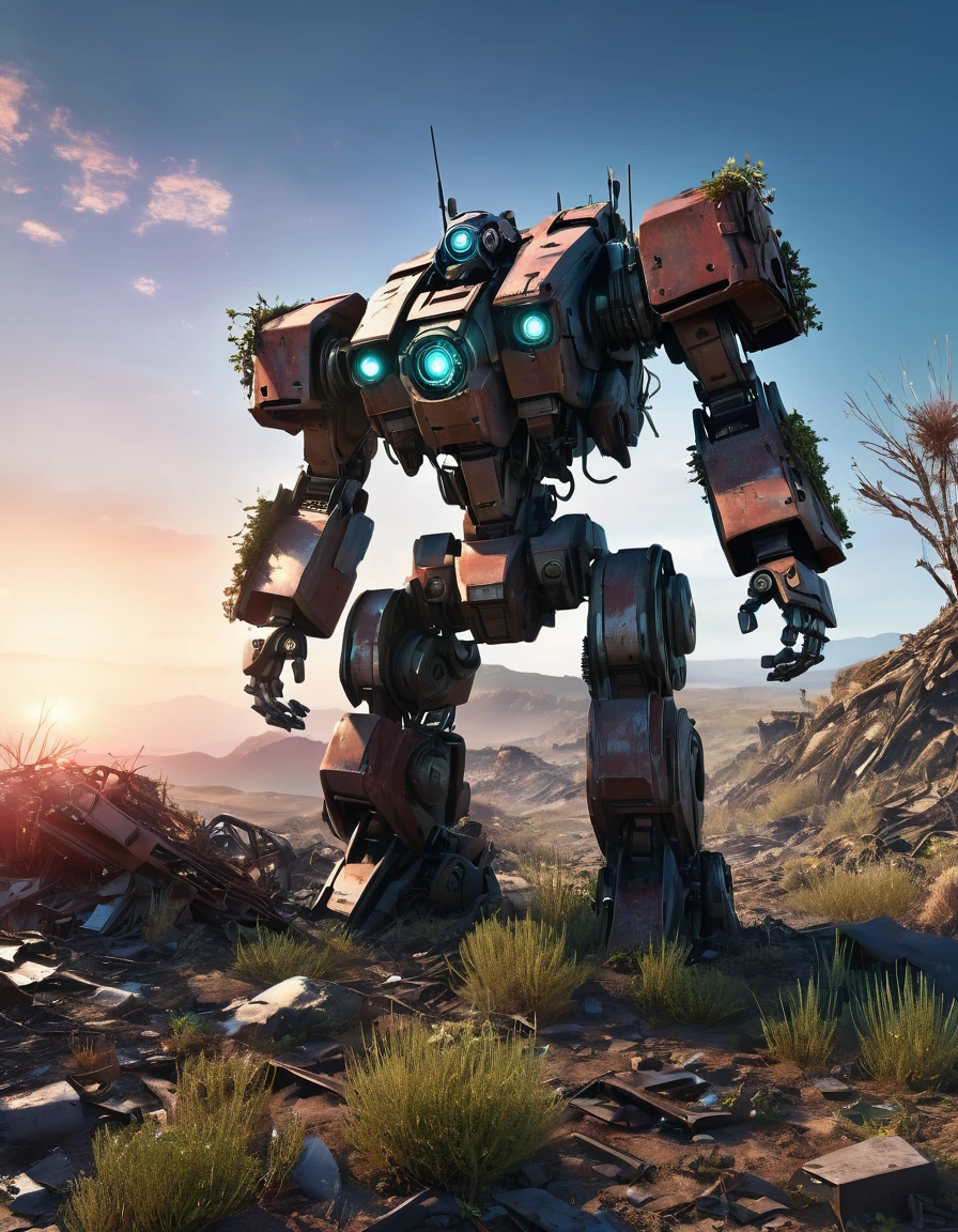 (full-body shot) , ((1 abandoned mecha lying on the ground)), Wasteland，(Damaged metal casing)，(missing limbs:1.3)，(Bare wires)，flashing electronic eyes，(Remains Cliff)，Overgrown wasteland，Broken gears and metal pieces，broken glass，swaying weeds，tragic sunset，afterglow，Ruined world background，(global illumination, Ray tracing, high dynamic range, Unreal rendering, Reasonable design, high detail, masterpiece, best quality, ultra high definition, light)，3d style