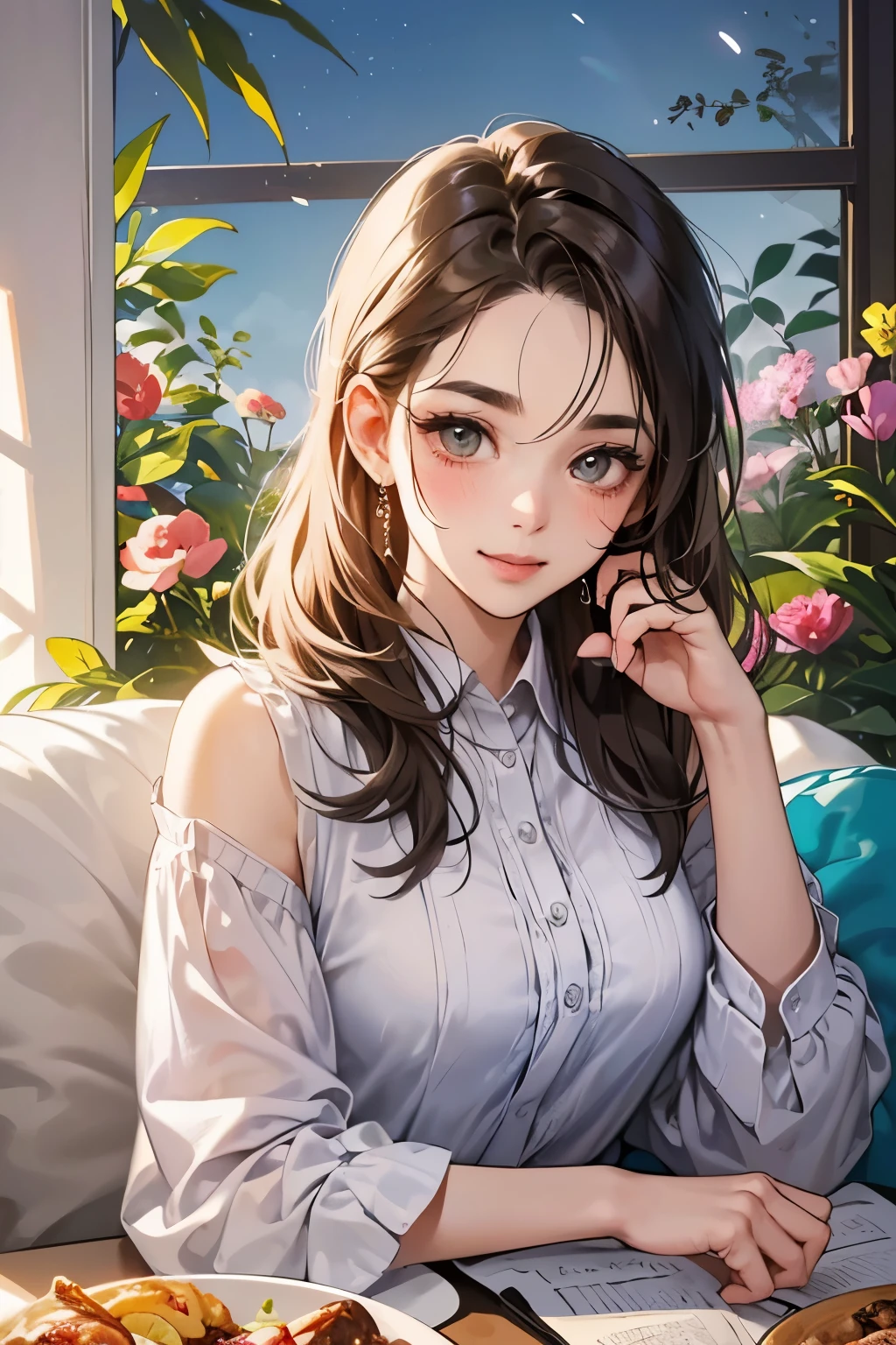 (table top, digital illustration, 4k, 8k, Super detailed, beautiful images, clear image, perfect face, perfect lines, perfect eyes, soft lighting) 1 female, (light brown hair,chignon hair,innocent look,droopy eyebrows,droopy eyes、With a round face,round chin、innocence,cute,Big eyes,natural makeup,smile gently,E cup,23 years old:1.3),Two handsome men in suits, (human,man in suit,muscular,solid shoulder width, boyish hairstyle,A man in his 30s with a cool expression,28 year old man with a bright smile:1.2),garden full of light、lots of flowers、Squirting、colorful flower light,(embarrassing,shy smile:1.2),resort sofa,kiss、カップルkiss、romance porn、couple of man and woman looking at each other、dinner、drink alcohol、drunk、blushing、