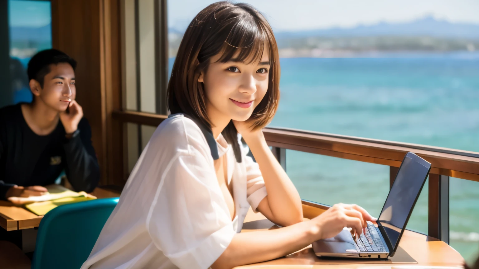 ((最high quality, 8k, masterpiece: 1.3)), perfect face,Inside a stylish cafe with a view of the Hawaiian ocean、A scene in which a beautiful model-like woman with big breasts is drinking a latte and studying on a laptop.,everything around you, I see other customers enjoying themselves.。At the back of the cafe、Staff are working at the counter.、You can feel the vibrancy and warmth typical of a Hawaiian cafe.., sharp focus, 1 girl,  brown hair, With bangs, (layered short hair), (big: 1.5), fine eyes, Beautiful eyes with slit length, double eyelid, (cat face), (cute Face), cute Smile, (close your mouth), (cute), soft skin, show the whole body, surreal, Super detailed, high quality, (Beautiful female college student with short hair studying in a cafe), ((詳細な非常にcute女子大生), ((big胸 It can be seen even through clothes)),A cute female college student wearing a wonderful outfit that matches the everlasting summer of Hawaii is relaxing while looking out at the ocean.