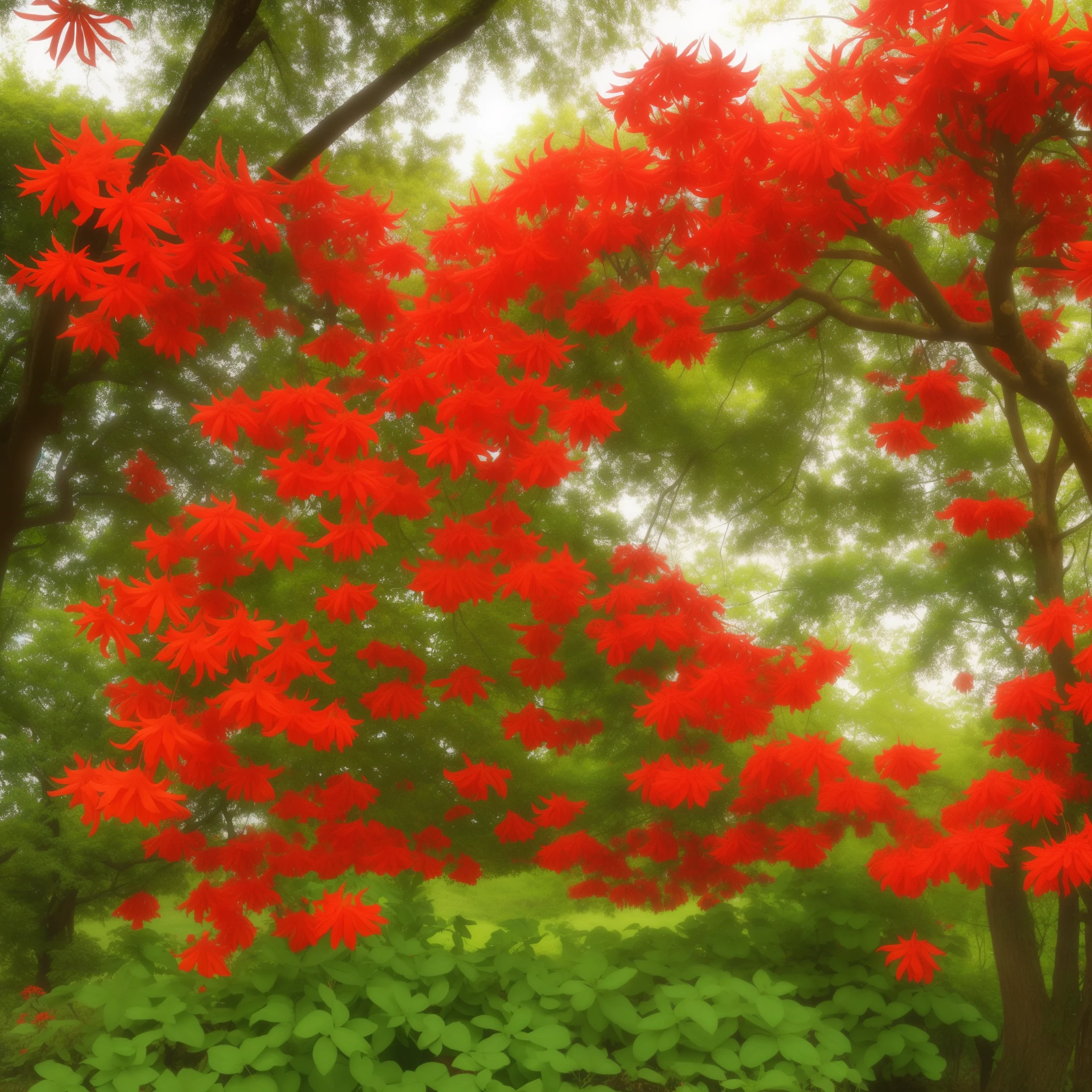 there are many red and yellow flowers growing on the tree, often described as flame-like, huge flame fantasy plant, large exotic flowers, chinese lanterns, coxcomb, heavily ornamental, staggering in its beauty, bhut jolokia, unusually unique beauty, strange flowers, highly ornamental, brilliantly coloured, exotic alien flora, huge blossoms, angel's trumpet