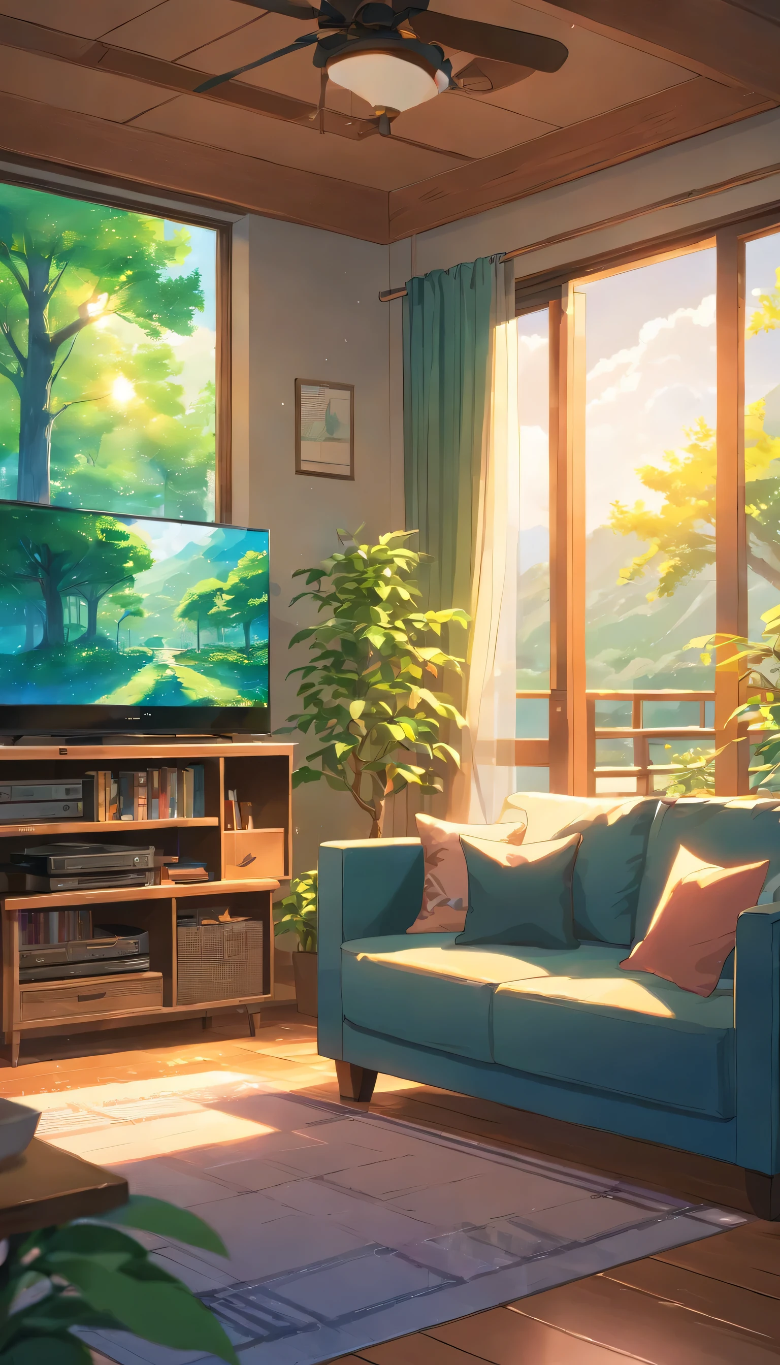 large cozy living room with big tv screen and tree plants