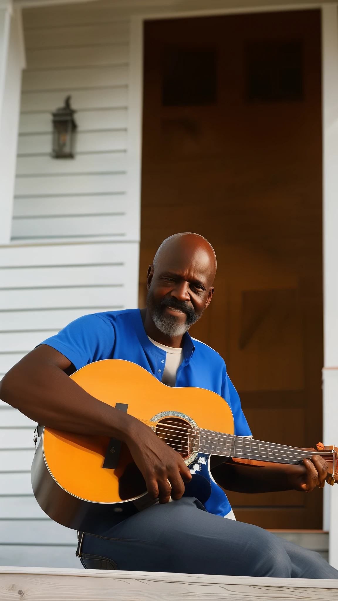 Fall day in southern Georgia, African American man in southern attire sitting outside on porch playing Gibson acoustic guitar, blue hour sky, hot weather, HD detail, hyper detail, film, realism, soft light, medium field focus bokeh, ray tracing, cinematic mobile wallpaper, make look like was shot using a Canon 90D camera with 50mm lens