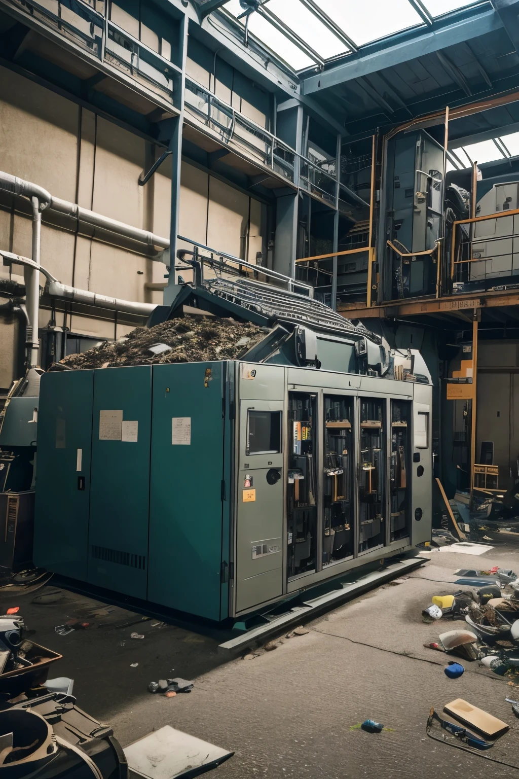 best quality, Ghibli style, incredibly absurdres, extremely detailed, discarded mechanism destroyed by a press machine at a garbage disposal facility