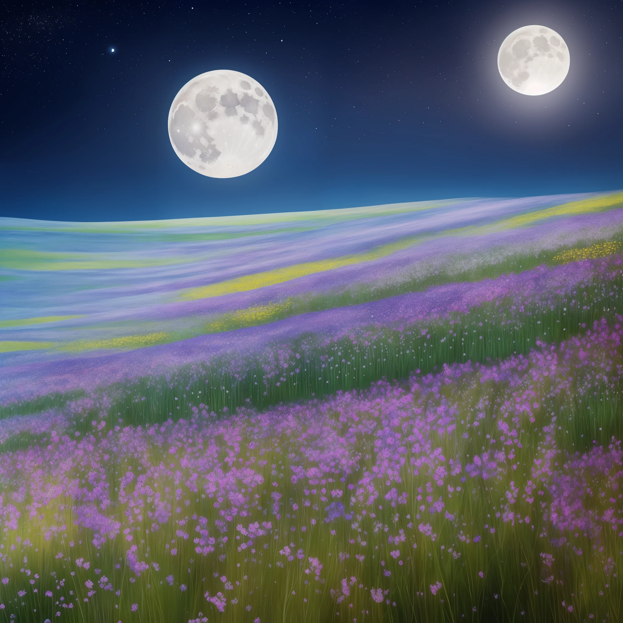a painting of a field of flowers with a full moon in the background, blue fireflies, field of flowers at night, starry-night!!!!!!!!!!!!!!!!!!!!, fireflies and sparkling wisps, moonlight shining on wildflowers, fireflies!!!!, fireflies!!, night sky full of flowers, beautiful art, blue flower field, beautiful!!, fireflies, cozy night fireflies