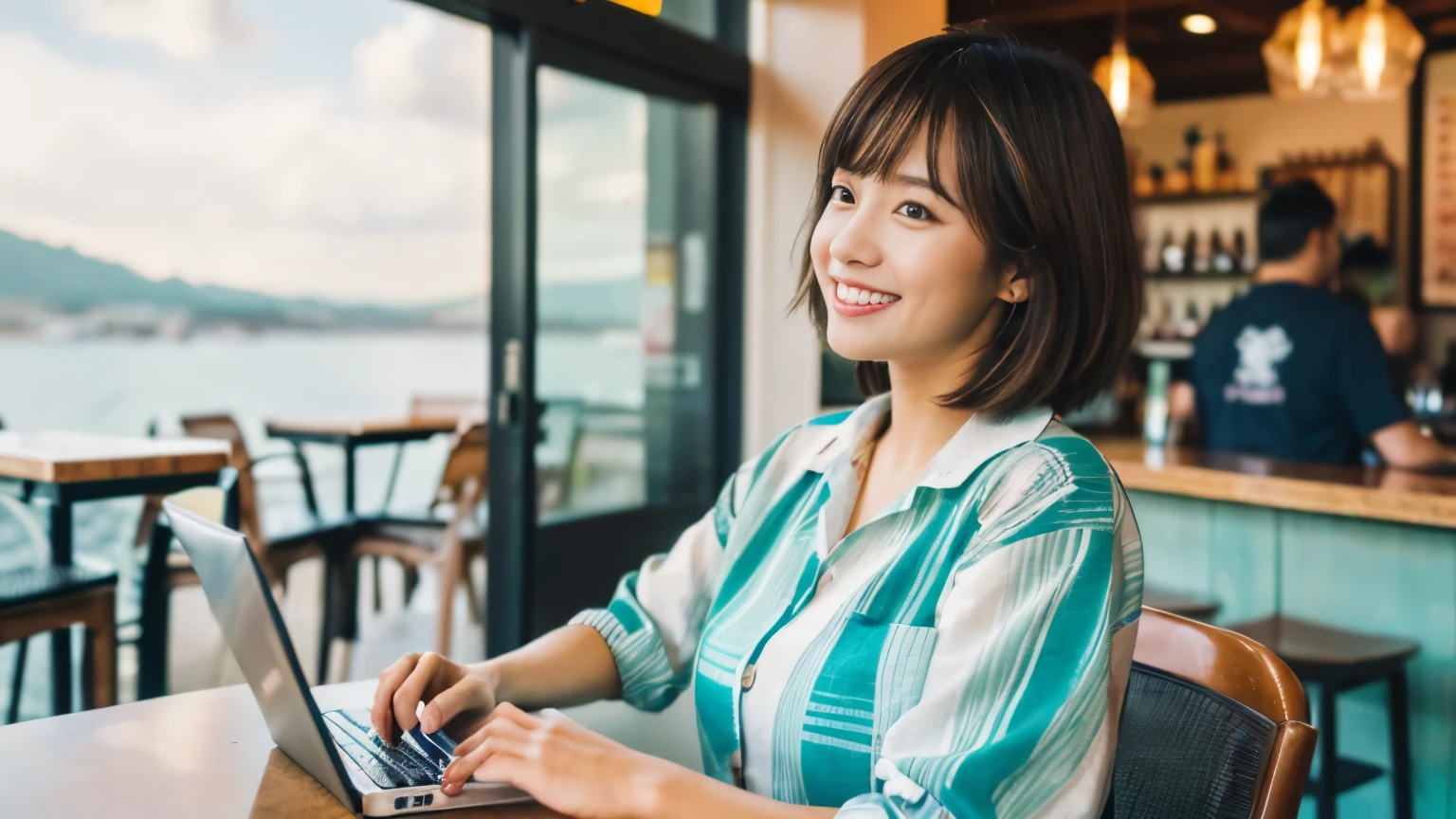 ((最high quality, 8k, masterpiece: 1.3)), perfect face,Inside a stylish cafe with a view of the Hawaiian ocean、A scene in which a beautiful model-like woman with big breasts is drinking a latte and studying on a laptop.,everything around you, I see other customers enjoying themselves.。At the back of the cafe、Staff are working at the counter.、You can feel the vibrancy and warmth typical of a Hawaiian cafe.., sharp focus, 1 girl, brown hair, With bangs, (layered short hair), (big: 1.5), fine eyes, Beautiful eyes with slit length, double eyelid, (cat face), (cute Face), cute Smile, (close your mouth), (cute), soft skin, show the whole body, surreal, Super detailed, high quality, (Beautiful female college student with short hair studying in a cafe), ((詳細な非常にcute女子大生), ((big胸 It can be seen even through clothes)),A cute female college student wearing a wonderful outfit that matches the everlasting summer of Hawaii is relaxing while looking out at the ocean.