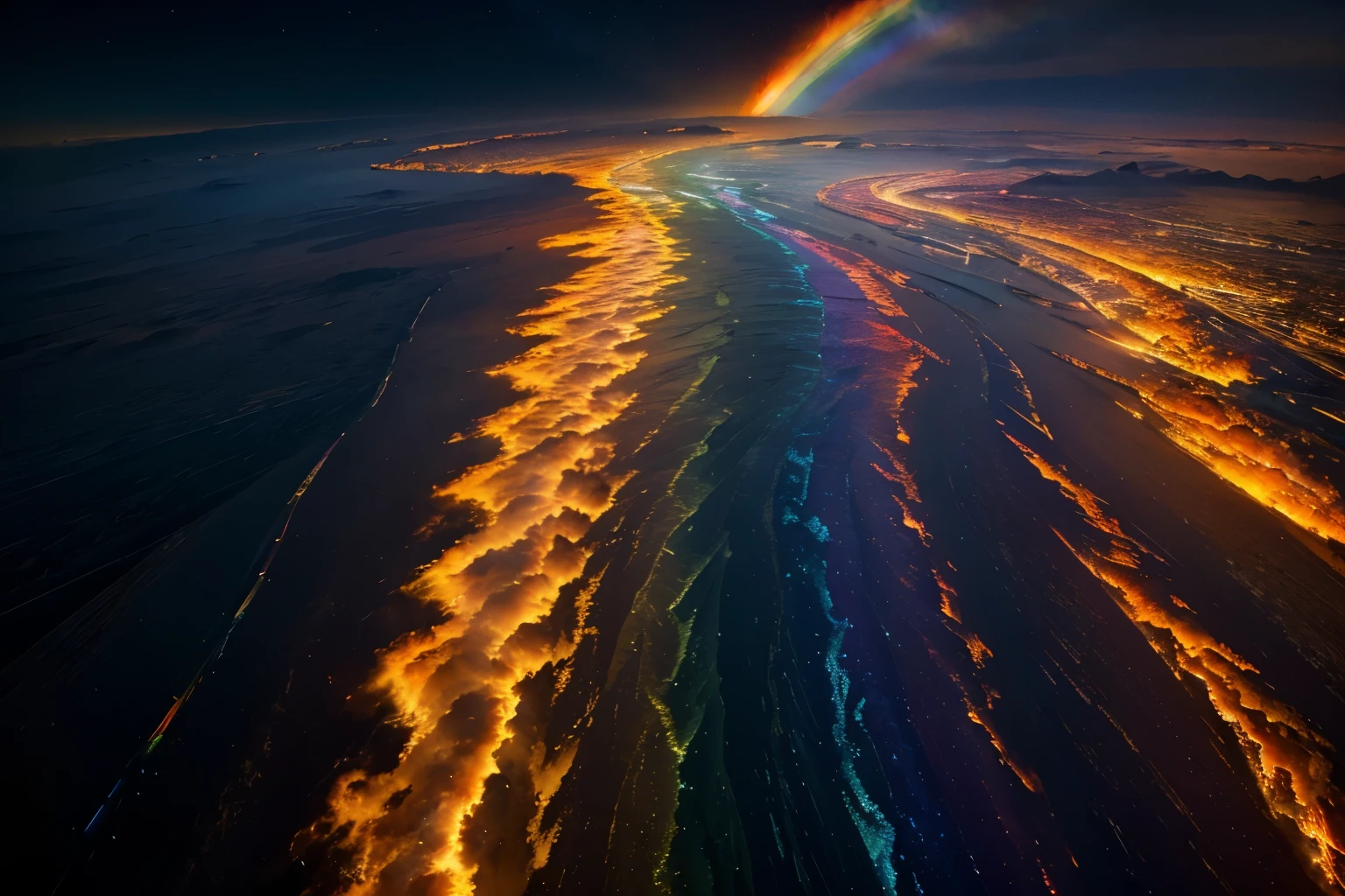 A vividly shimmering Fire Rainbow colors the sky, captivating viewers with its radiant bands of hues stretching parallel to the horizon. The spectacular natural phenomenon showcases a breathtaking display of colors, creating a striking visual effect reminiscent of a vibrant painting come to life. Every shade is vivid, every line precise, making this image a truly mesmerizing spectacle of nature's grandeur.