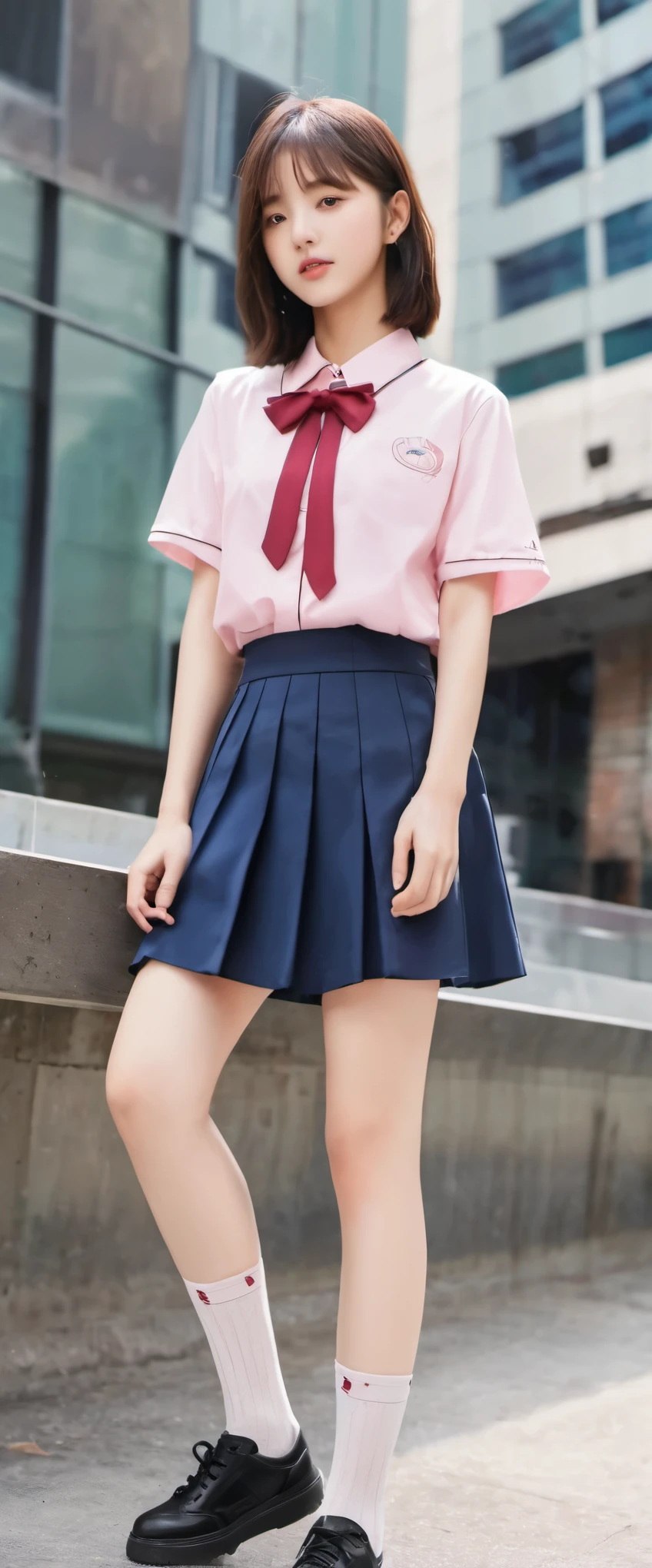 Hight Resolution、high-level image quality、8K、Real due diligence、원시 a photo ofgraphy、Top Quality、masterpiece、masutepiece、Erotic、Pupils、Pink bra,white skinned,knee,(Flesh-colored Pantyhose),Detail panty pattern、panties focus、Pink color panties、(cameltoe), absurderes,smaller face、tits huge、Separate the front heads in the middle、The forehead is visible,(cold expression<Ojo tight,Ojo pride,Optimize,Thin anger)、masterpiece,Top Quality、超High Resolution A,원시 a photo of,ren,Beautiful fece,One Person, solo,Dark look,Small breasts,fullllbody、Very good、JK school uniform,high school girl,Japanese Female,is standing,(Photorealcitic:1.37)、photons mapping,Light Blue Ribbon,realisitic、cute smaller face,Brown Ojo、Black Socks、22yo、(red bowtie)、Radio City、physics based rendering(Physically Based Rendering)、foreground、depth of fieldlurry background、a photo of,girly,beauty leg, Long leg, Thin leg,Long Bob Cut,(Front heads are visible), heads, s lips, blue_Ojo, Nosesoft,(Pink shirt), (navy Pleats Skirt), I can see my knees,Sheer Clothes,, thigh, Black cotton socks,Nogizaka Idol, , Japanese ido、Shiny Ojo、Shiny Lip、