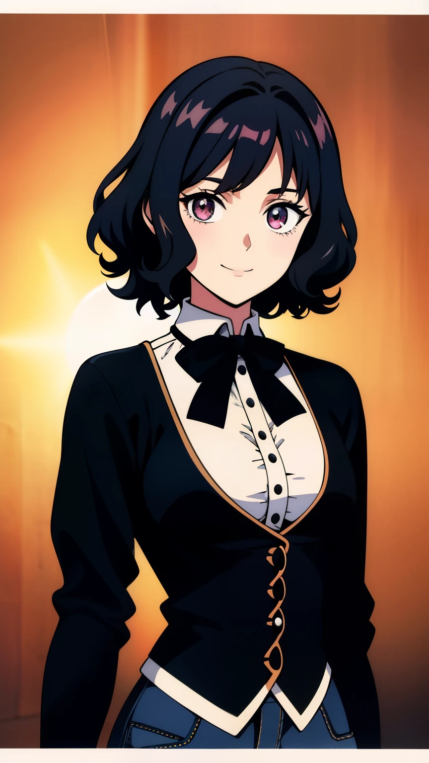 (high-quality, breathtaking),(expressive eyes, perfect face) 1girl, female, solo, half body, 1800's clothing,18th century fashion, black color hair, short hair length, curly wavy hair, pink eye color, Chainsaw man anime art style, teenager age, 18 years old, portrait, cute smile, jeans, long sleeved cotton shirt, zoomed out, D cup breast size, vintage clothing, thin black ribbon , Embroidery, 
