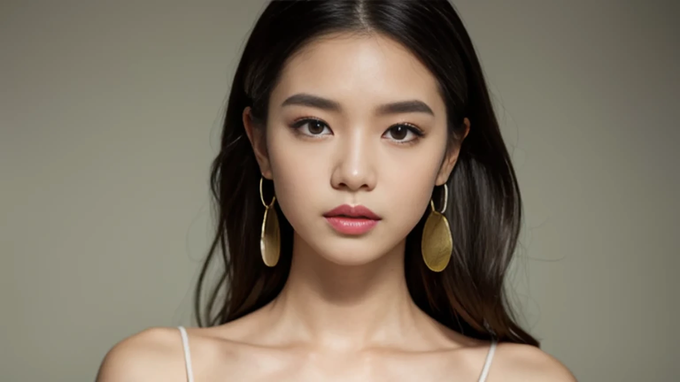 masterpiece, best quality, alone, 1 girl, glowing skin, hoop earrings, charming, Whimsical details, smooth hair, enchanting, bare shoulders, crop top, Pants, See deeply, Compared, professional model, front, portrait