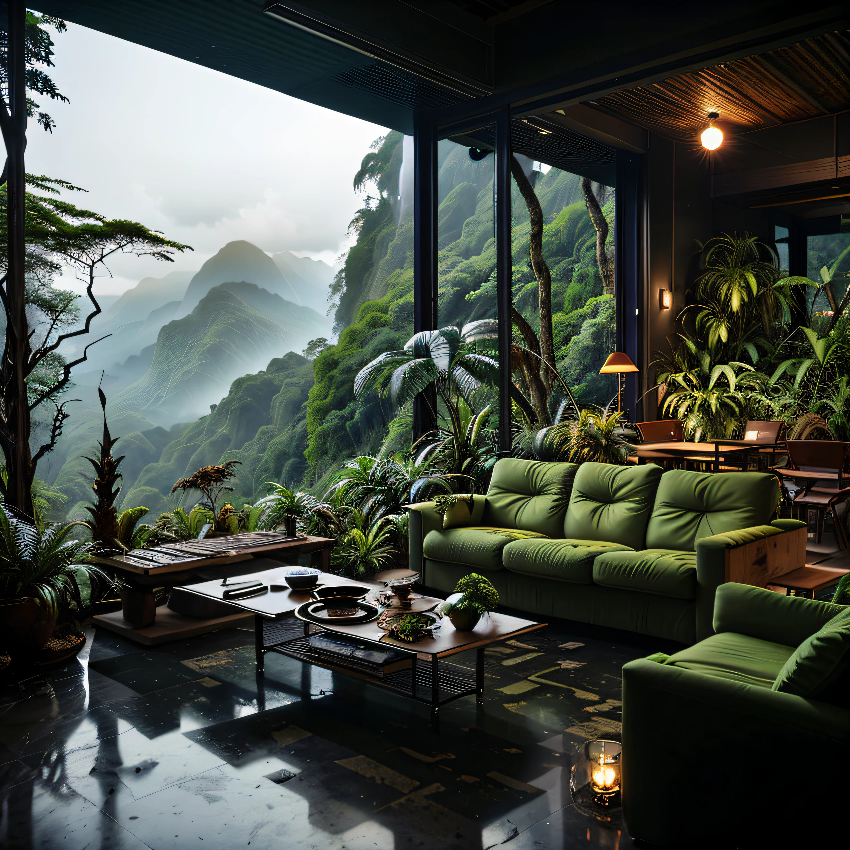 Sala de estar com vista para uma montanha e uma floresta, mountainous jungle setting, jungle setting, Como uma cena de Blade Runner, magical atmosphere, pintura fosca ultrarrealista, em um ambiente de selva, Ambiente bonito, floresta nublada, Selva bonita, ambiente mal-humorado, Inside an alien jungle, selva exuberante, Plantas e selva, montanhas da floresta tropical, ambiente relaxante