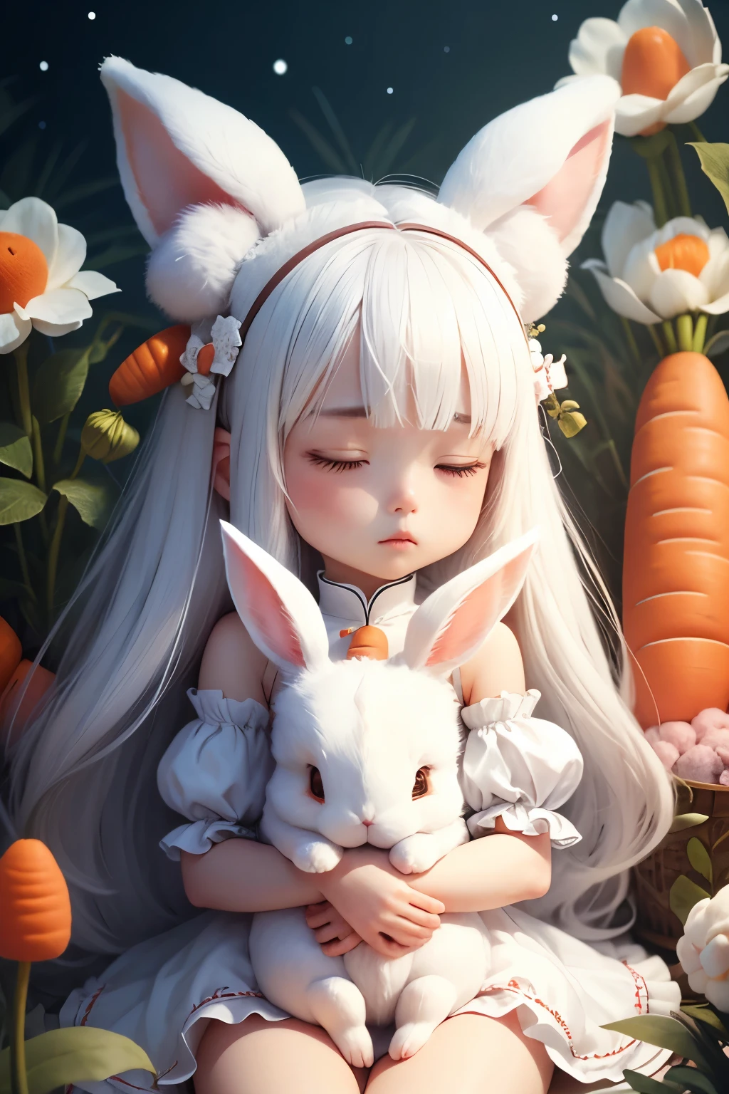 two girls、sisters、white rabbit、white hair、animal ears、fluffy ears、rabbit girl、fluffy fur、 high quality, Carrot、High resolution、genuine、3D、small ears、Very sleepy、