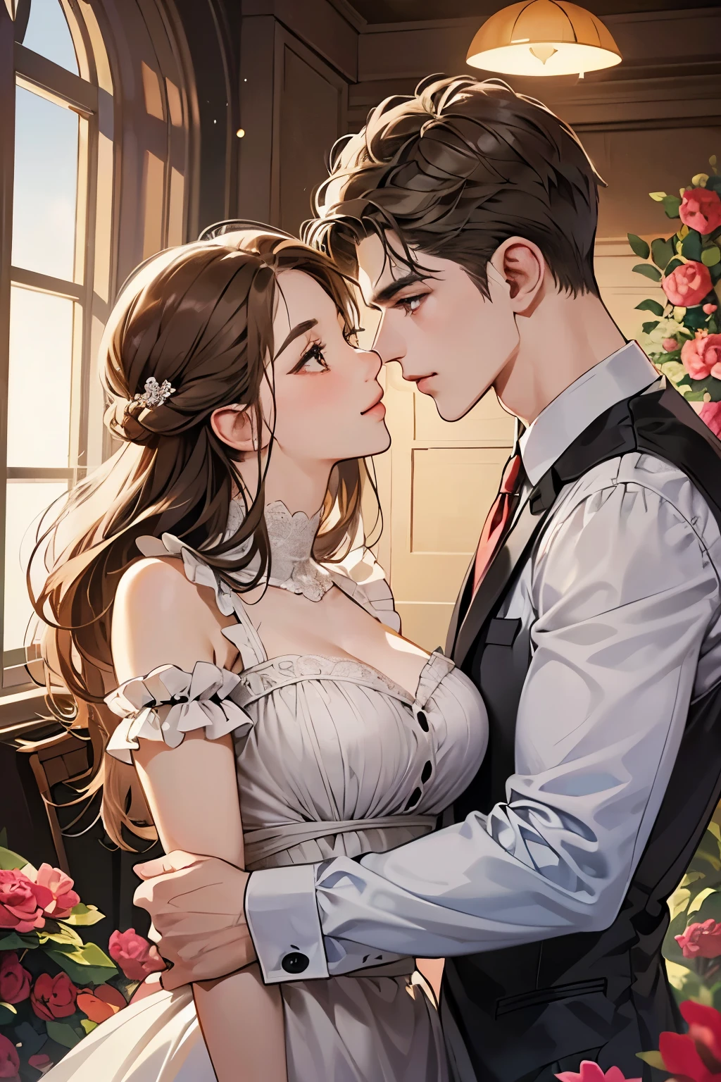 (table top, digital illustration, 4k, 8k, Super detailed, beautiful images, clear image, perfect face, perfect lines, perfect eyes, soft lighting) 1 female, (light brown hair,chignon hair,innocent look,droopy eyebrows,droopy eyes、With a round face,round chin、innocence,cute,Big eyes,natural makeup,smile gently,E cup,23 years old:1.3),Two handsome men in suits, (human,man in suit,muscular,solid shoulder width, boyish hairstyle,A man in his 30s with a cool expression,28 year old man with a bright smile:1.2),garden full of light、lots of flowers、Squirting、colorful flower light,(embarrassing,shy smile:1.2),resort sofa,kiss、カップルkiss、romance porn、couple of man and woman looking at each other、Waitress、Byte in Byte、Maid clothes