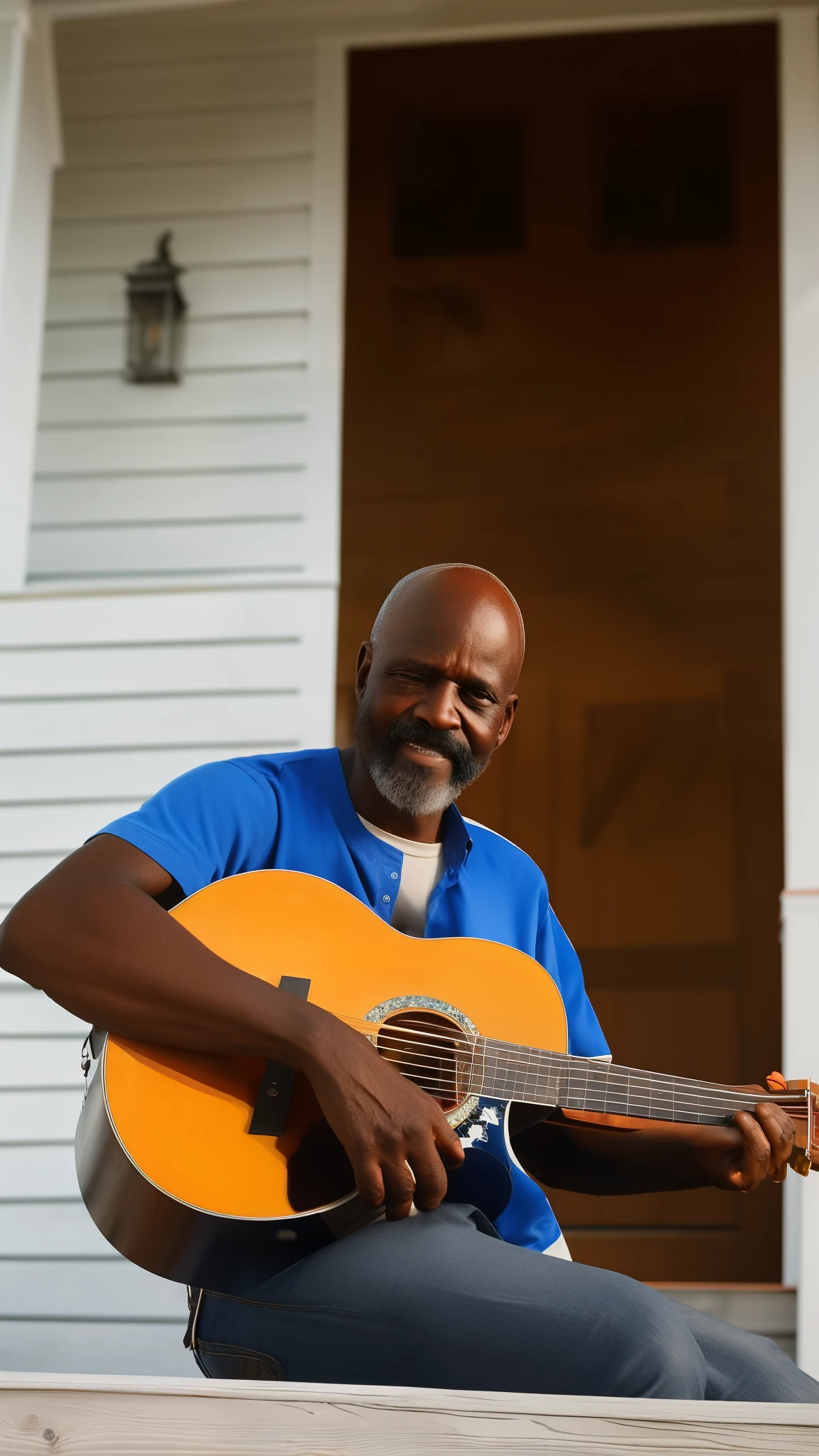 Fall day in southern Georgia, African American man in southern attire sitting outside on porch playing Gibson acoustic guitar, blue hour sky, hot weather, HD detail, hyper detail, film, realism, soft light, medium field focus bokeh, ray tracing, cinematic mobile wallpaper, make look like was shot using a Canon 90D camera with 50mm lens