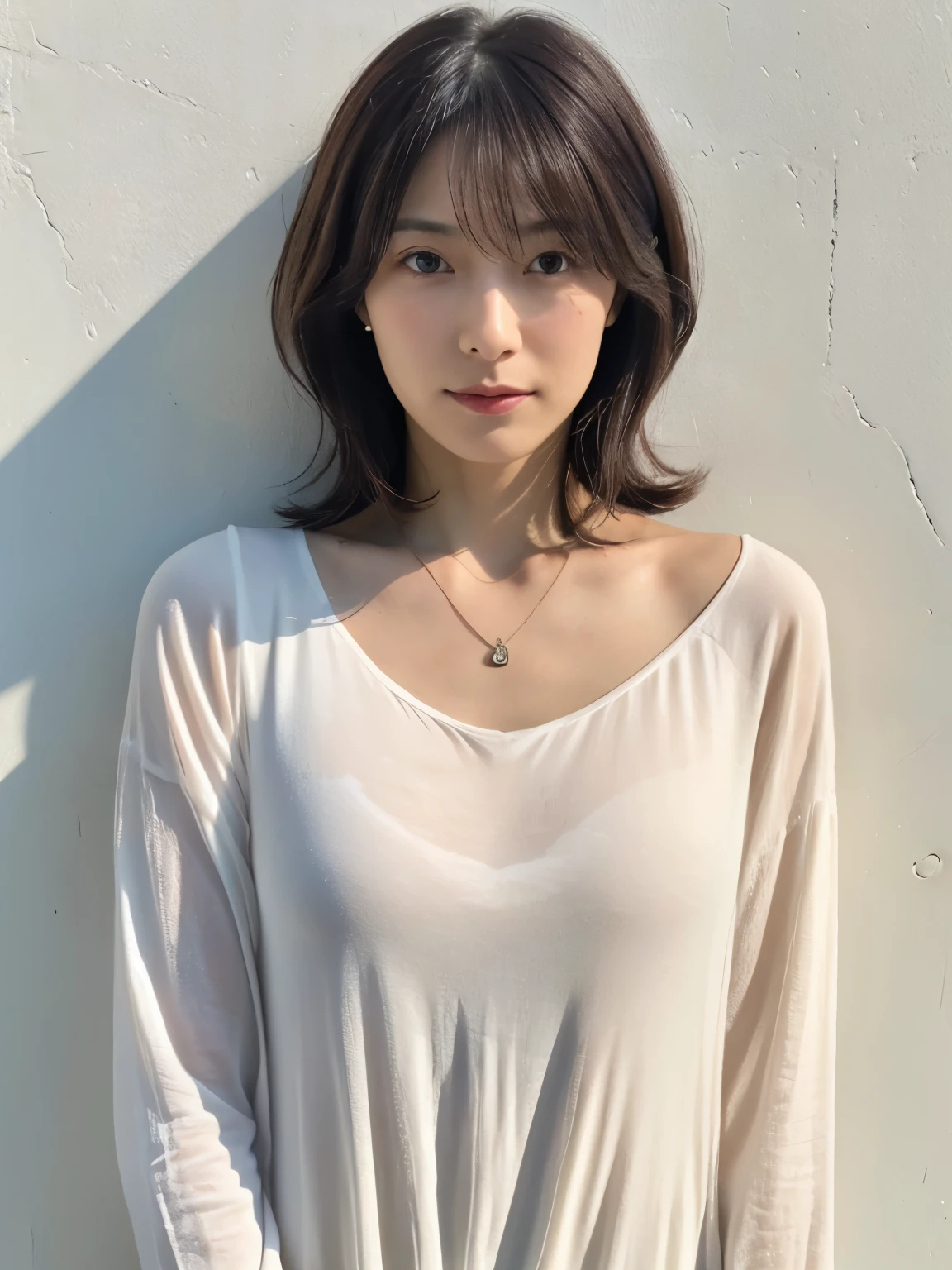 (Highly realistic photos, High resolution, detailed face, fine eyes), ((Taken in front of a white wall))、japanese woman, 40 years old, various expressions, alone:1, slim figure, different hairstyles, casual clothes, Only one person appears in the photo、long sleeve dress、black clothes、Photographed in natural light、simple necklace、spring clothes、don&#39;t look at the camera、profile、bob hair