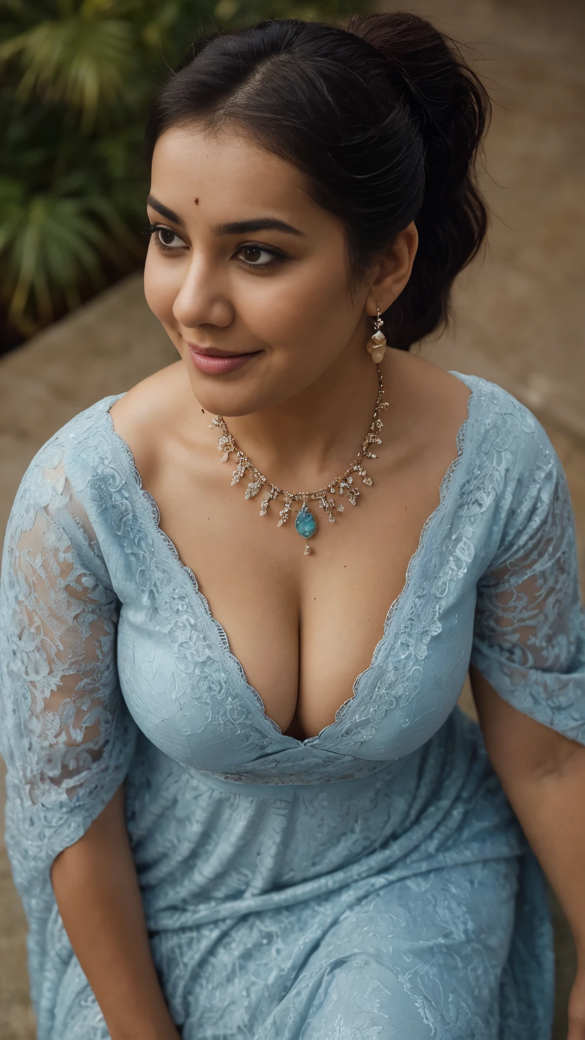 from top view, extreme close up photo of sexy  indian, big cheeks, hourglass figure, swooping breasts, seducing on mountains, ponytail, necklace, sultry, seductive eyes, look at viewer and subtle smile, blue lace night dress, (cinematic:1.3), intricate details, (ArtStation:1.2)