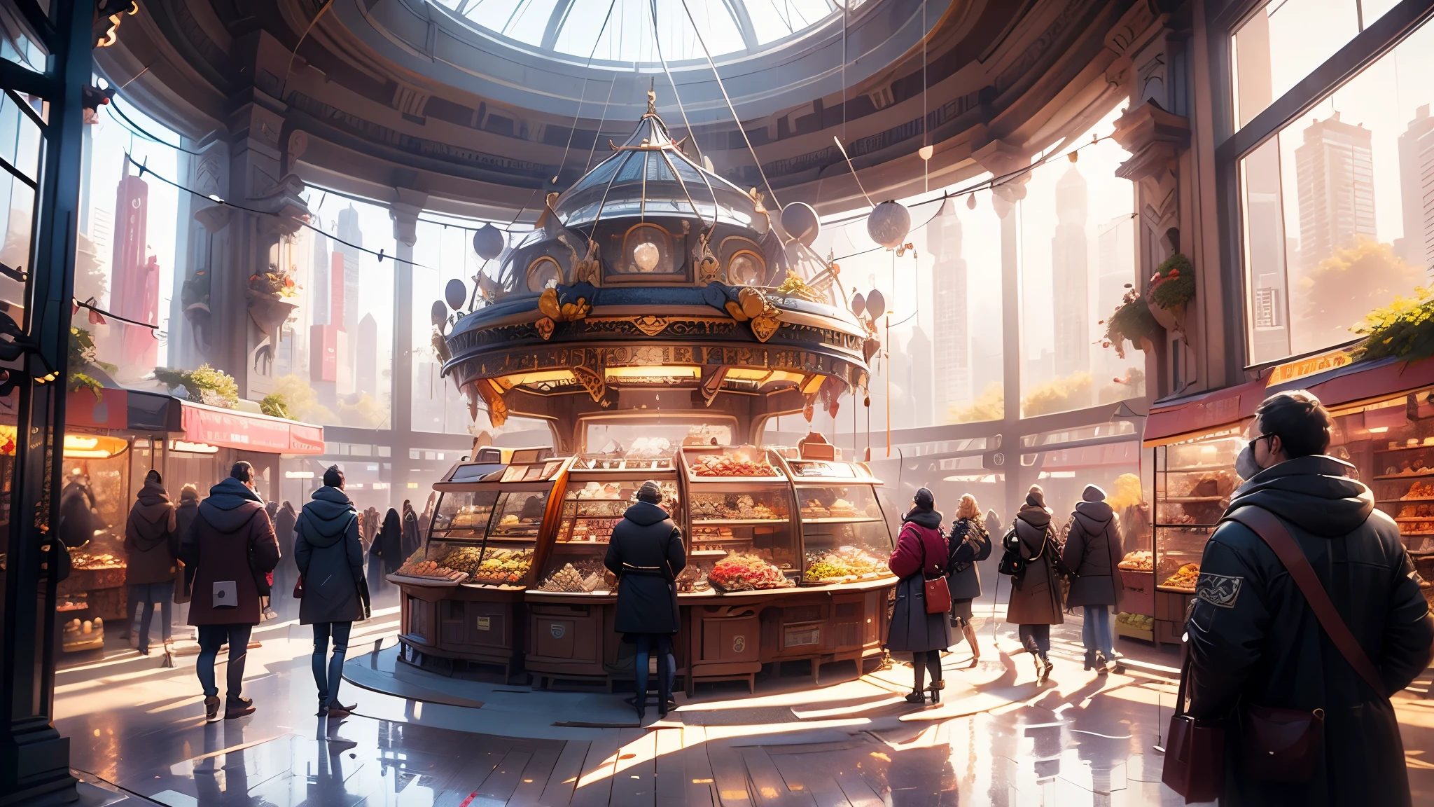 Bustling city market, People and stalls with different perspectives, Surrealism, rococo style, high detail, Contemporary art, cinematic lighting, chromatic aberration, god rays, ray tracing, from below, projected inset, UHD, masterpiece, ccurate, super detail, high details, high quality, award winning, best quality, highres, 4K