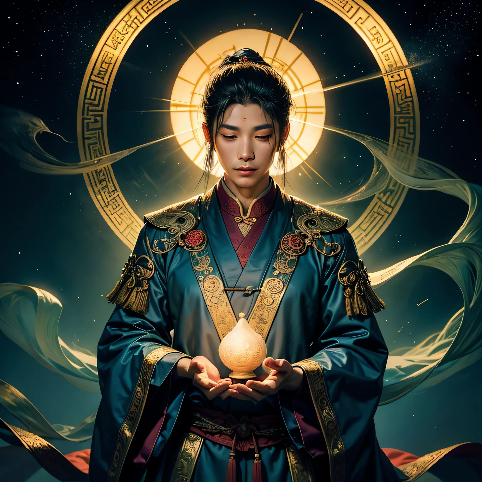 (a man,Song)A Taoist priest in the Song, Wearing gorgeous Taoist robes, Through clouds and fog, There is a halo behind him. The background is the night sky, full of sparkling stars.
(best quality,4k,high resolution,masterpiece:1.2),Super detailed,actual:1.37,effortlessly actual painting style,Taoist atmosphere,ethereal atmosphere,The soft moonlight casts gentle shadows, mysterious cigarette,Subtle glowing symbols,ancient wisdom,Peaceful and quiet,Whispering the secrets of the universe,The tranquility of every stroke,bright colors,subtle gradient,sublime depth,Impressive celestial phenomena,Harmony between man and nature, spiritual enlightenment.