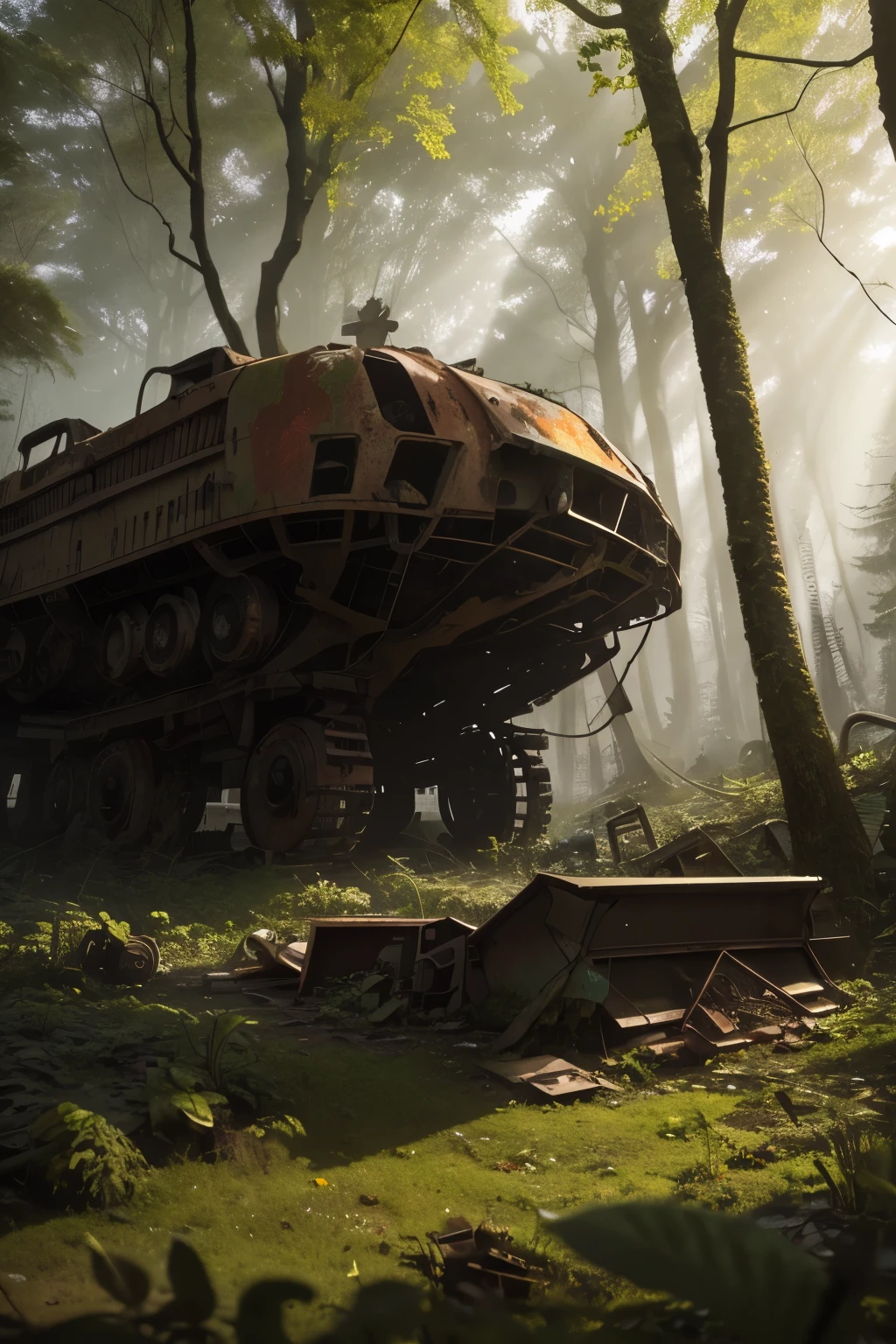 best quality, Ghibli style, incredibly absurdres, extremely detailed, dump site with a large pile of broken mechanical robots, graveyard, decay, rust, moss, weeds, deep in the forest, contrast with beautiful forest, fantastic sunlight filtering through the leaves