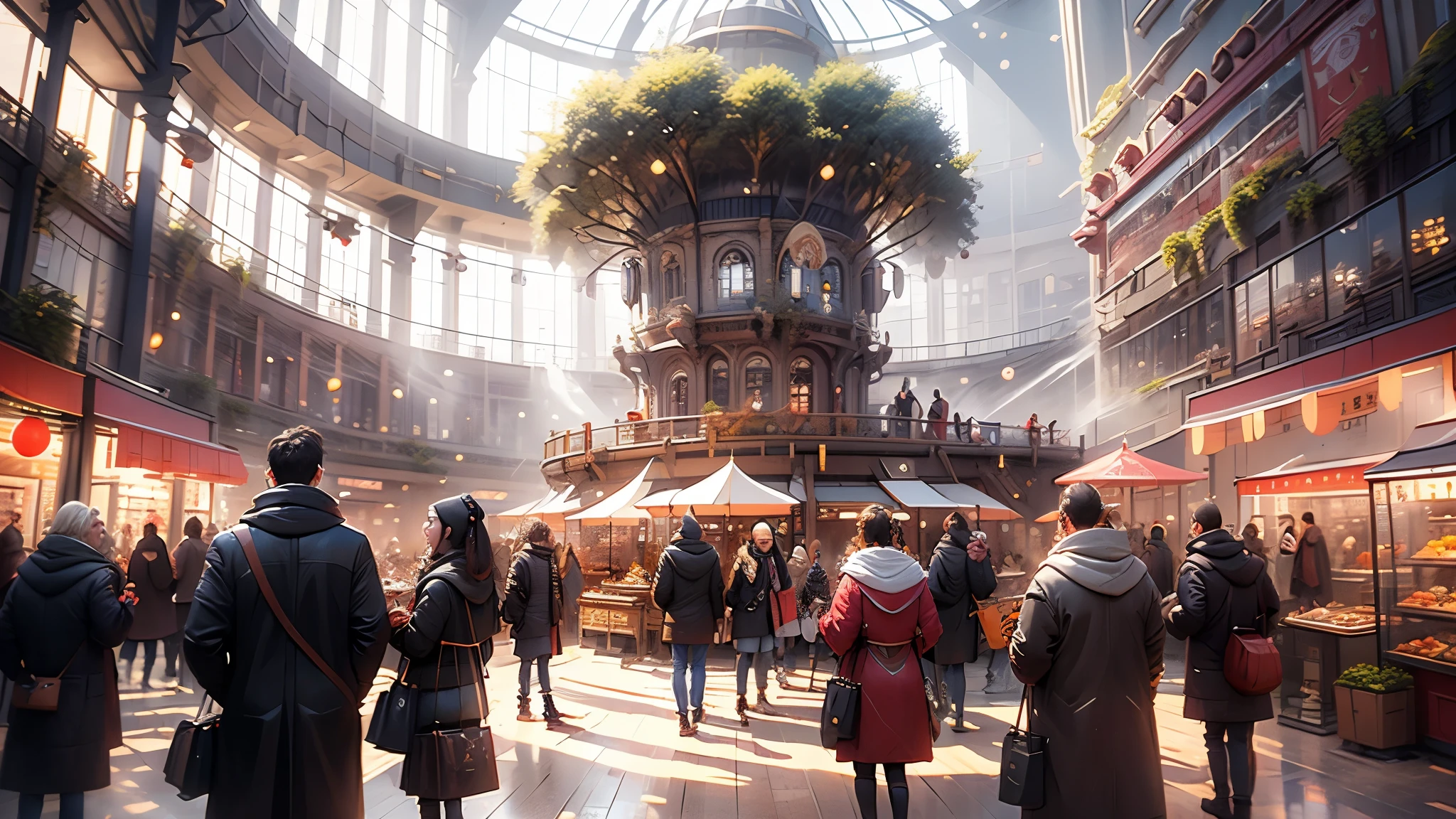 Bustling city market, People and stalls with different perspectives, Surrealism, rococo style, high detail, Contemporary art, cinematic lighting, chromatic aberration, god rays, ray tracing, from below, projected inset, UHD, masterpiece, ccurate, super detail, high details, high quality, award winning, best quality, highres, 4K