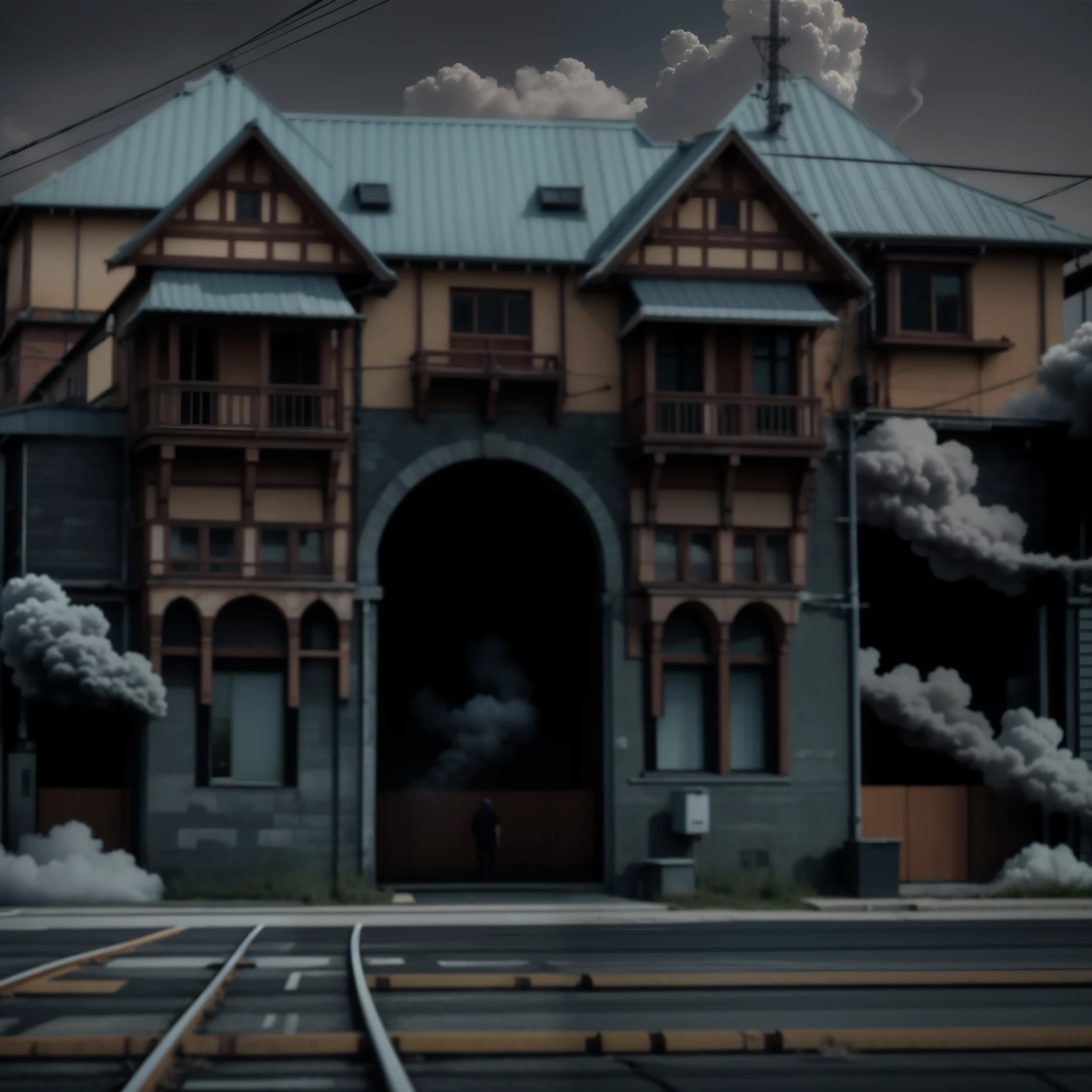 outdoors, sky, cloud, no humans, window, building, scenery, smoke, road, house, power lines