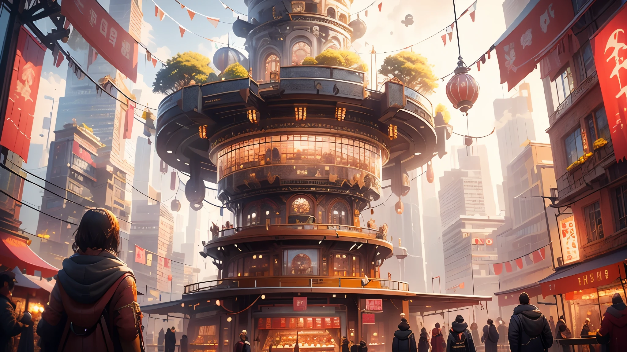 Bustling city market, People and stalls with different perspectives, Surrealism, rococo style, high detail, Contemporary art, cinematic lighting, chromatic aberration, god rays, ray tracing, from below, projected inset, UHD, masterpiece, ccurate, super detail, high details, high quality, award winning, best quality, highres, 4K