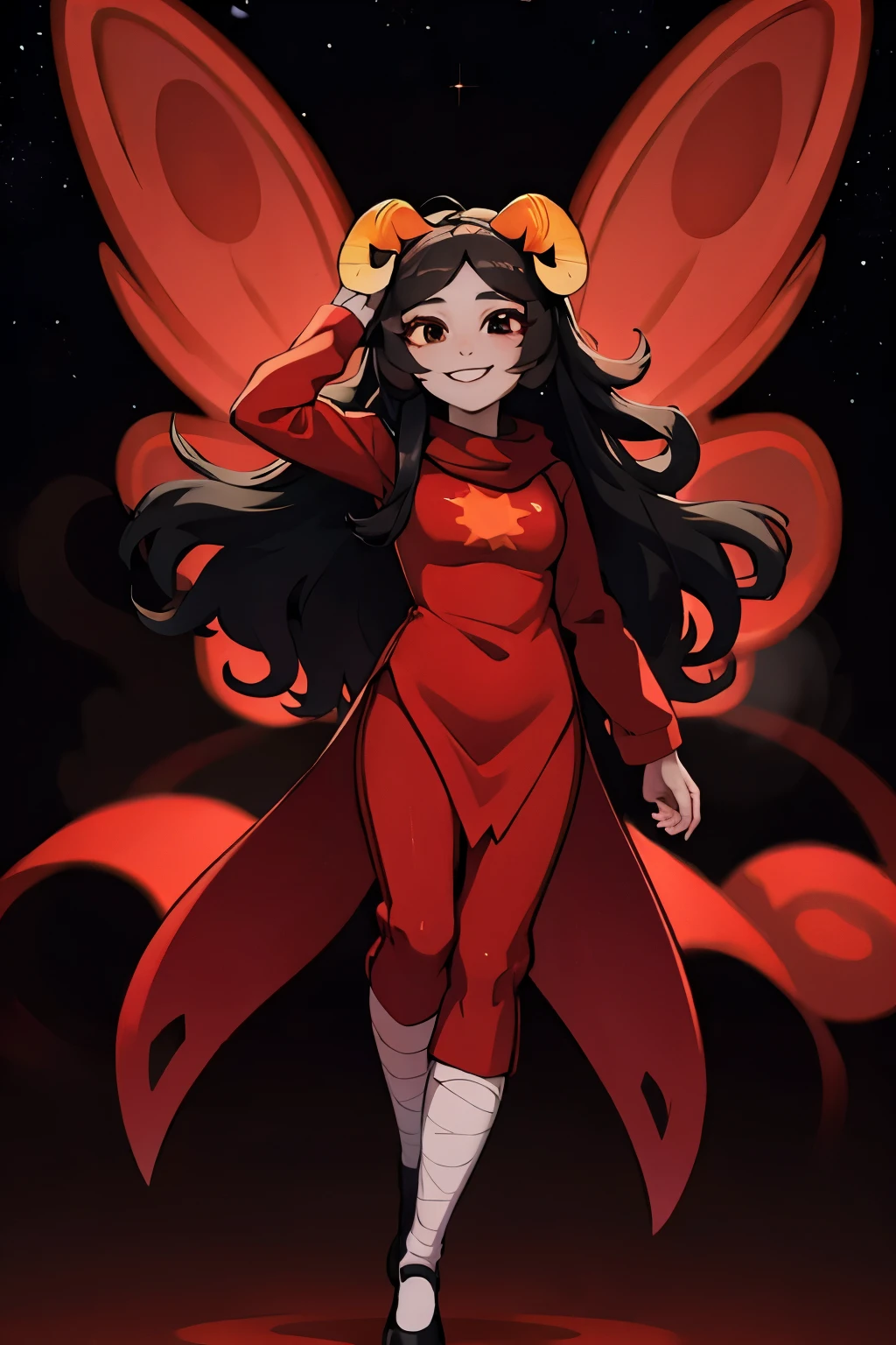 masterpiece, best quality, godradia, (horns), wings, ((flying, floating, midair)), red dress, pants, bandages, black footwear, grey skin, colored sclera, very long hair, standing, llooking at viewer, smile, space, stars, black background, [[simple background]] 