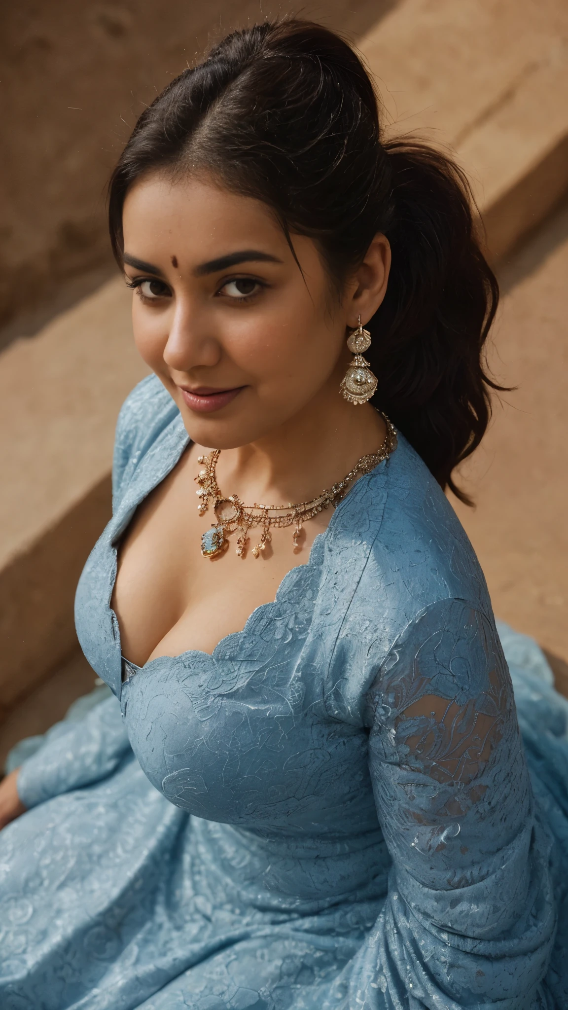 from top view, extreme close up photo of sexy  indian, big cheeks, hourglass figure, swooping breasts, seducing on mountains, ponytail, necklace, sultry, seductive eyes, look at viewer and subtle smile, blue lace night dress, (cinematic:1.3), intricate details, (ArtStation:1.2)