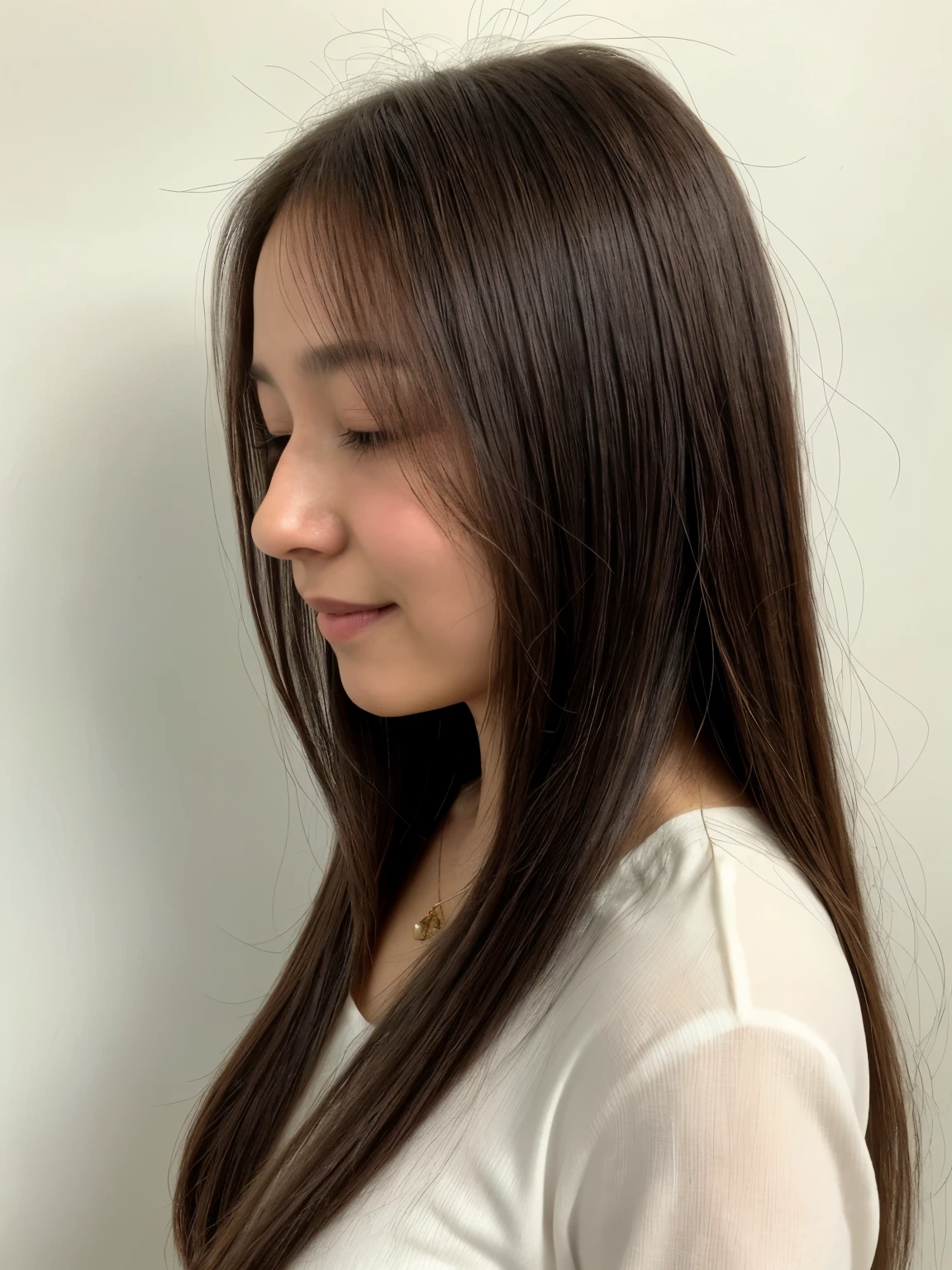 (8k、RAW photo、highest quality、masterpiece:1.2)、light brown long sleeve dress、Hair straightening、long hair、straight hair、beautiful shiny hair、High-definition RAW color photo、professional photos、(realistic、photo realistic:1.37)、Photographed in natural light、1 girl、laughter、white wall、Taken in front of the white door、Various poses、break (ombre:1.3) 、spring clothes、simple necklace、(Beautiful profile:1.3)、don't look at the camera、profile、((Hair color is dark brown))