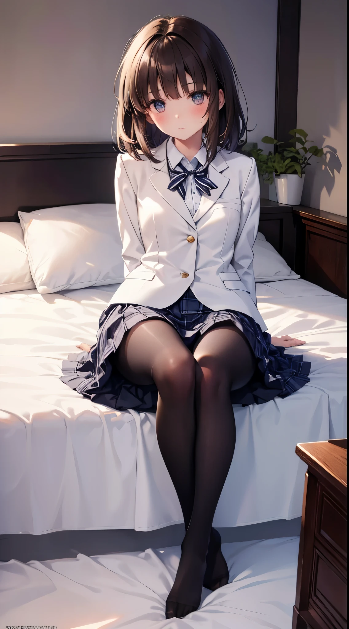 finest, masterpiece, High resolution, (Full body view from head to toe), Composition from slightly below the front, Symmetrical, 18 years old, slim and beautiful girl, alone, (small breasts), (not wearing shoes),Unkempt brown hair, bangs, (black tights), (black pantyhose), (Pose with legs spread on the bed), tied up with both arms hidden behind the back, (Composition showing white panties), (her legs spread、I can see white panties.), blush, shy big eyes, looking at camera, blazer uniform, plaid pleated skirt