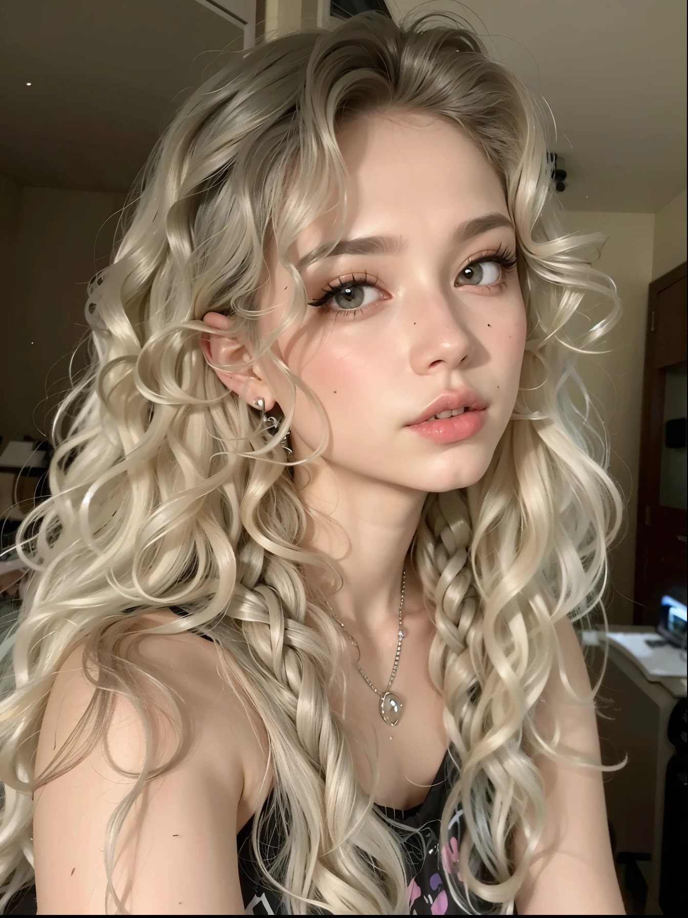 a close up of a woman with long blonde hair and a black dress, cabello rizado plateado, Cabello blanco rizado, pale skin curly blond hair, pelo blanco rizado, curly blonde hair | d & d, curled silver hair, long curly light blond hair, con pelo largo y rizado, ash blond greyish hair, blonde curly hair, con el pelo largo y blanco, chica de pelo plateado