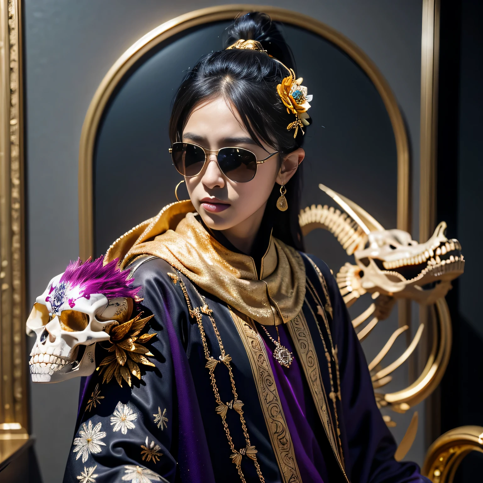 On snowy nights，32k（masterpiece，HD，Ultra high quality，32k）Purple-pink double ponytail，flower stick，Indigo Skull King ，mahogany steering wheel （The skeleton is very realistic：1.4），crocodile print robe，Rusty skull ornaments，Sand gold linen cloak，petals flying，Deep gold sunglasses，Hold your head high，worthy of pride，Look at people through nostrils，A primary and secondary school student， high resolution，Xueba， detail， RAW photos， Sharp Re， Nikon D850 film photo by Jefferies Lee 4 Kodak Portra 400 camera F1.6 guns, colorful, Ultra-realistic and vivid textures, dramatic lighting, Unreal Engine Art Station Trend, Sinest 800，Hold your head high，side，worthy of pride，Look at people through nostrils，arrogant，petals flying，petals flying，Gold dusted crocodile，Fluttering，Impeccable，( Reasonable design, clear lines, HD definition,best quality, Very detailed skeleton, skeleton of masterpiece, official art, Lighting effects, 8K crocodile skeleton（（（Platinum marble sunglasses）））Deep gold sunglasses，sideportrait