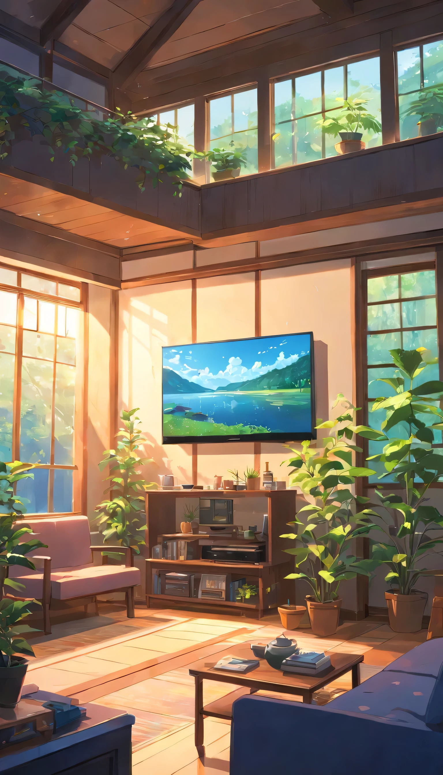 large cozy living room with big tv screen and tree plants